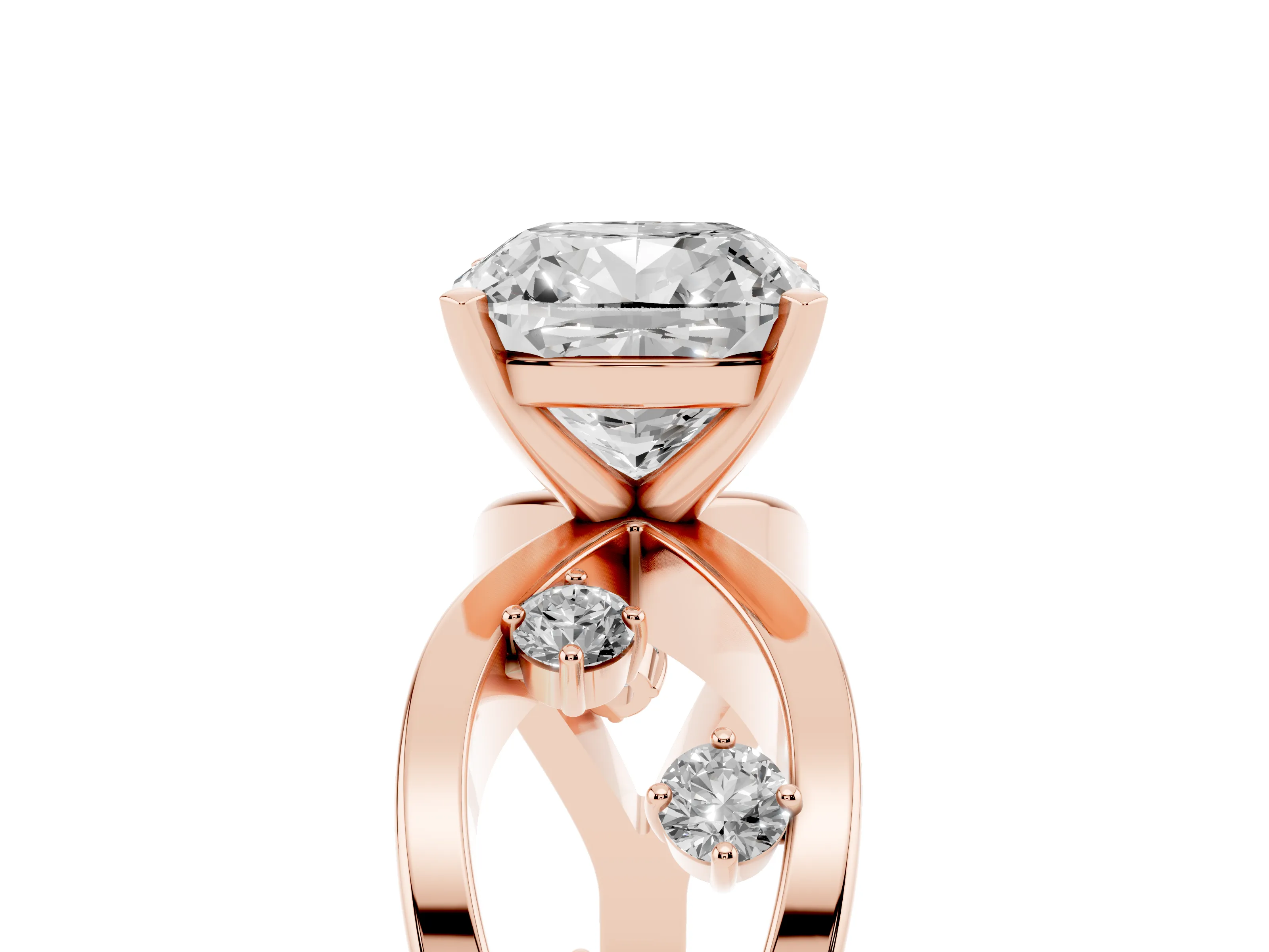 Cushion Cut Diamond Solitaire Ring Set in Rose gold with Side Stones on Criss-Cross Band and Prong Setting