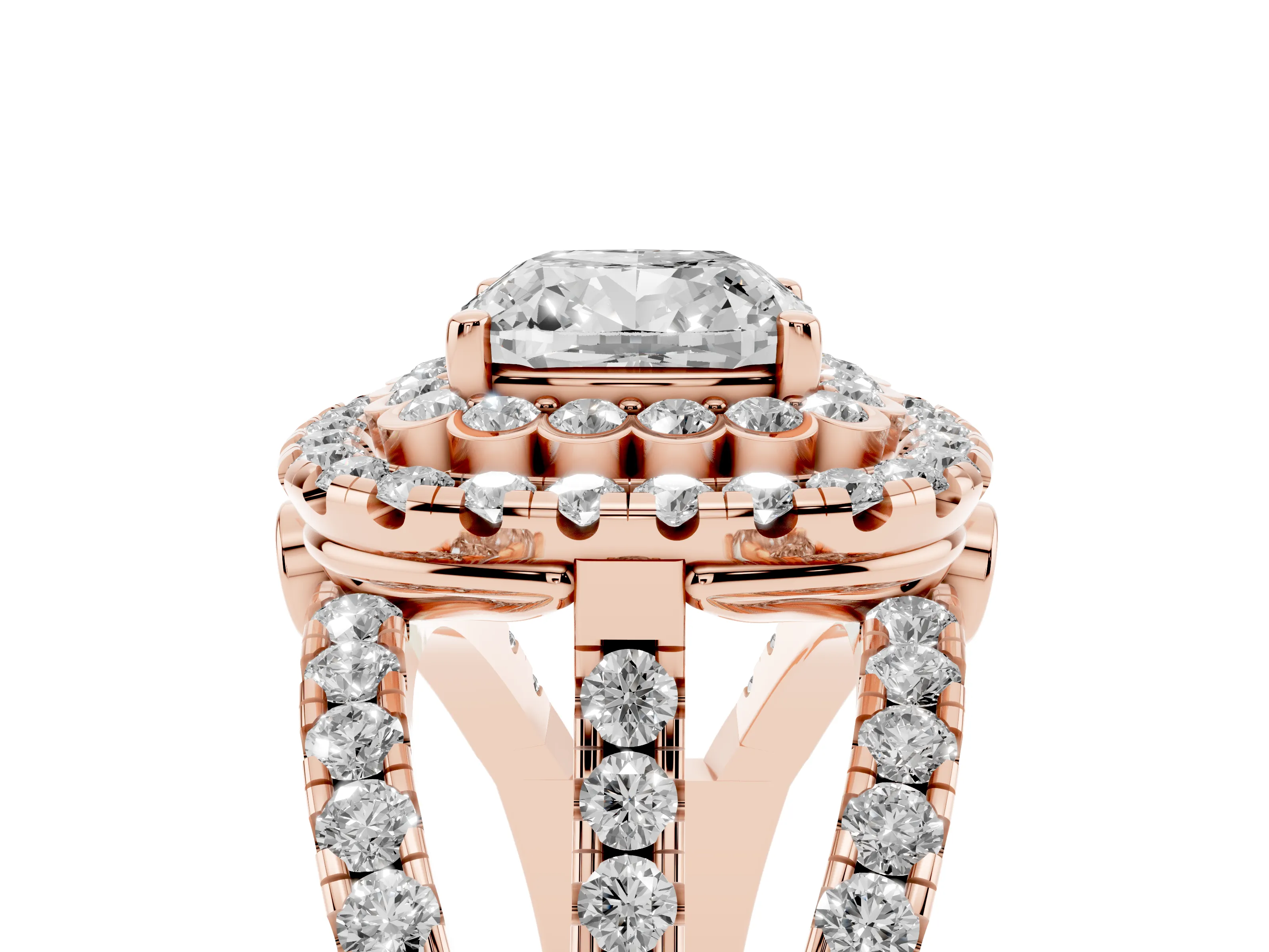 Cushion Cut Diamond Double Halo Ring Set in Rose gold with Round Pavé Split Shank