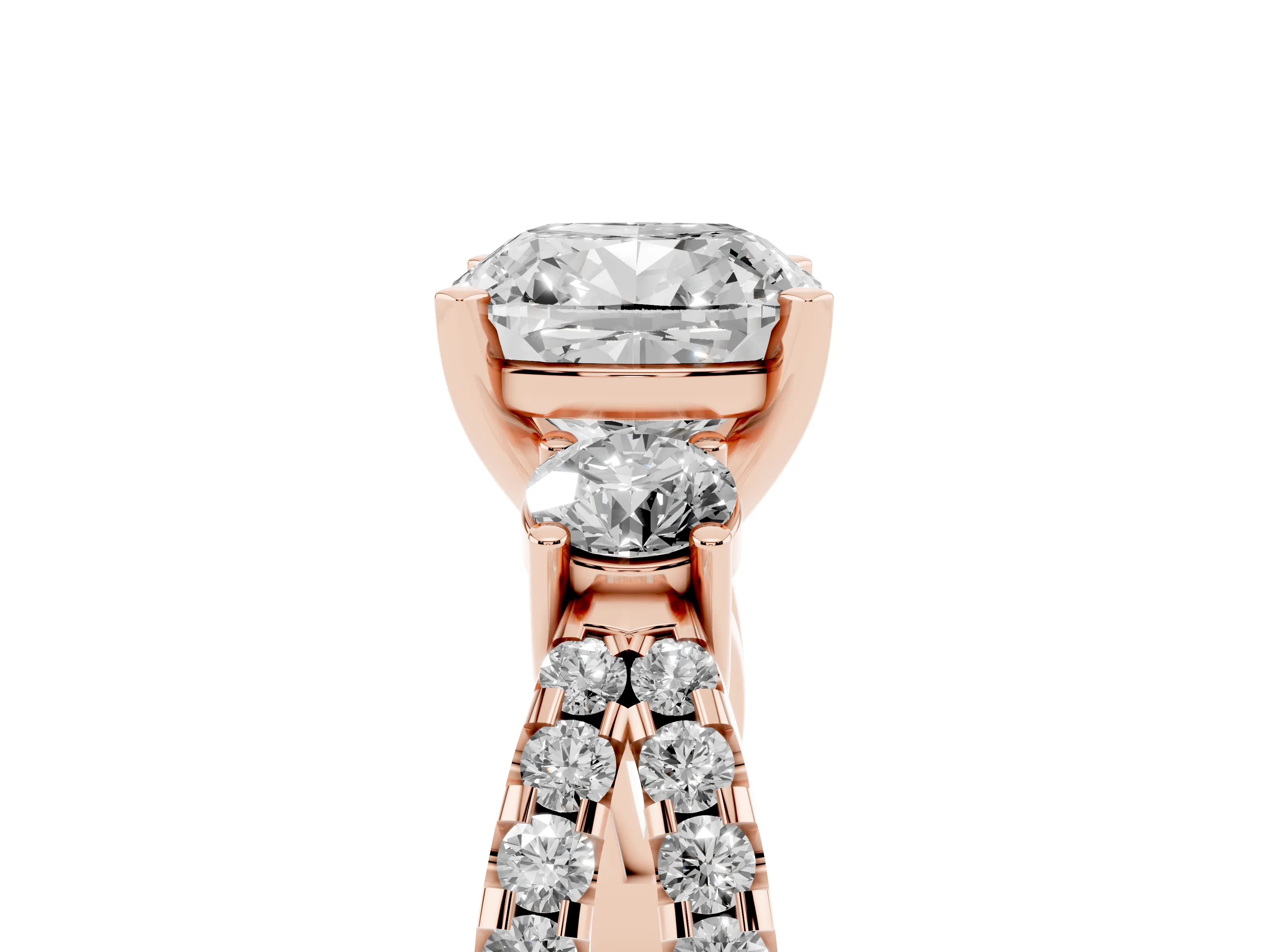 Cushion Cut Diamond Three-Stone Ring Set in Rose gold with Pavé Split Shank and Prong Setting