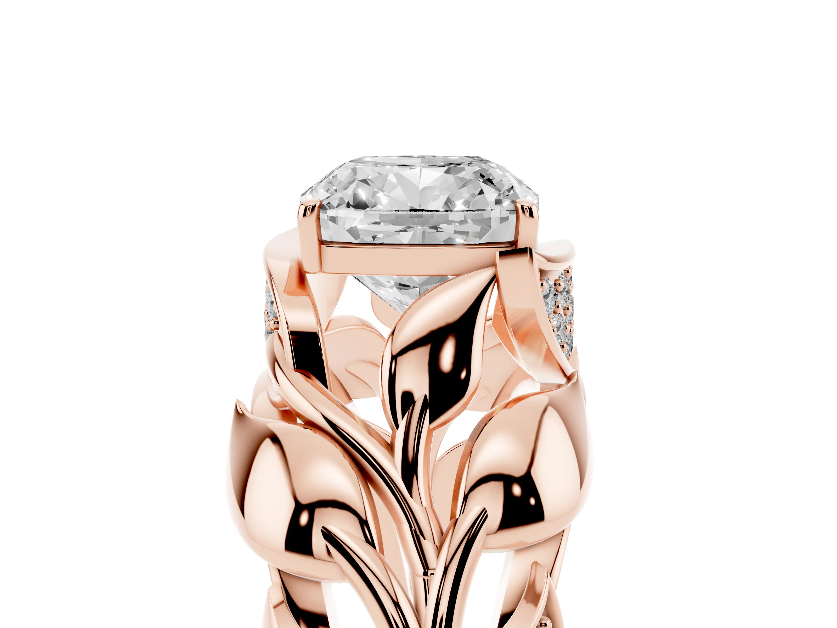 Cushion Cut Diamond Leaf-Inspired Engagement Ring Set in Rose gold with Round Accents