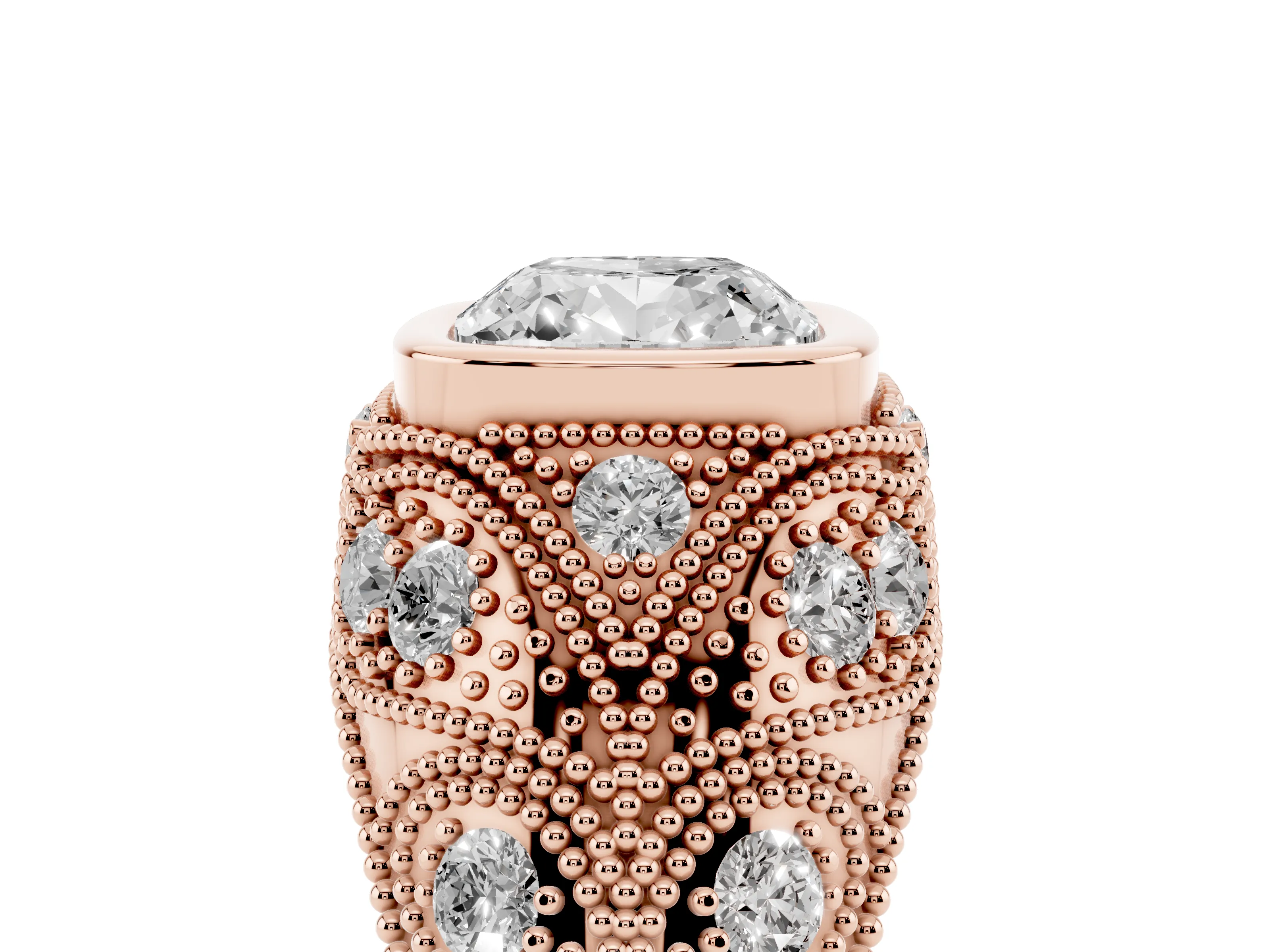 Cushion Cut Diamond Bezel Ring Set in Rose gold with Milgrain Accent Band