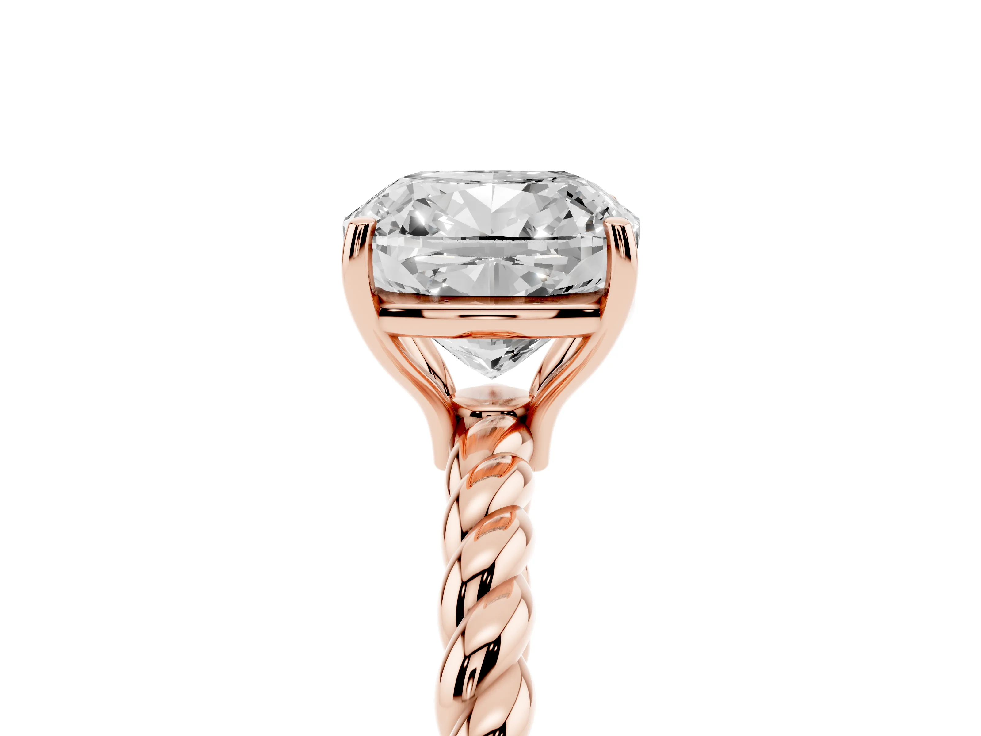 Cushion Cut Diamond Solitaire Ring Set in Rose gold with Twist Band and Prong Setting