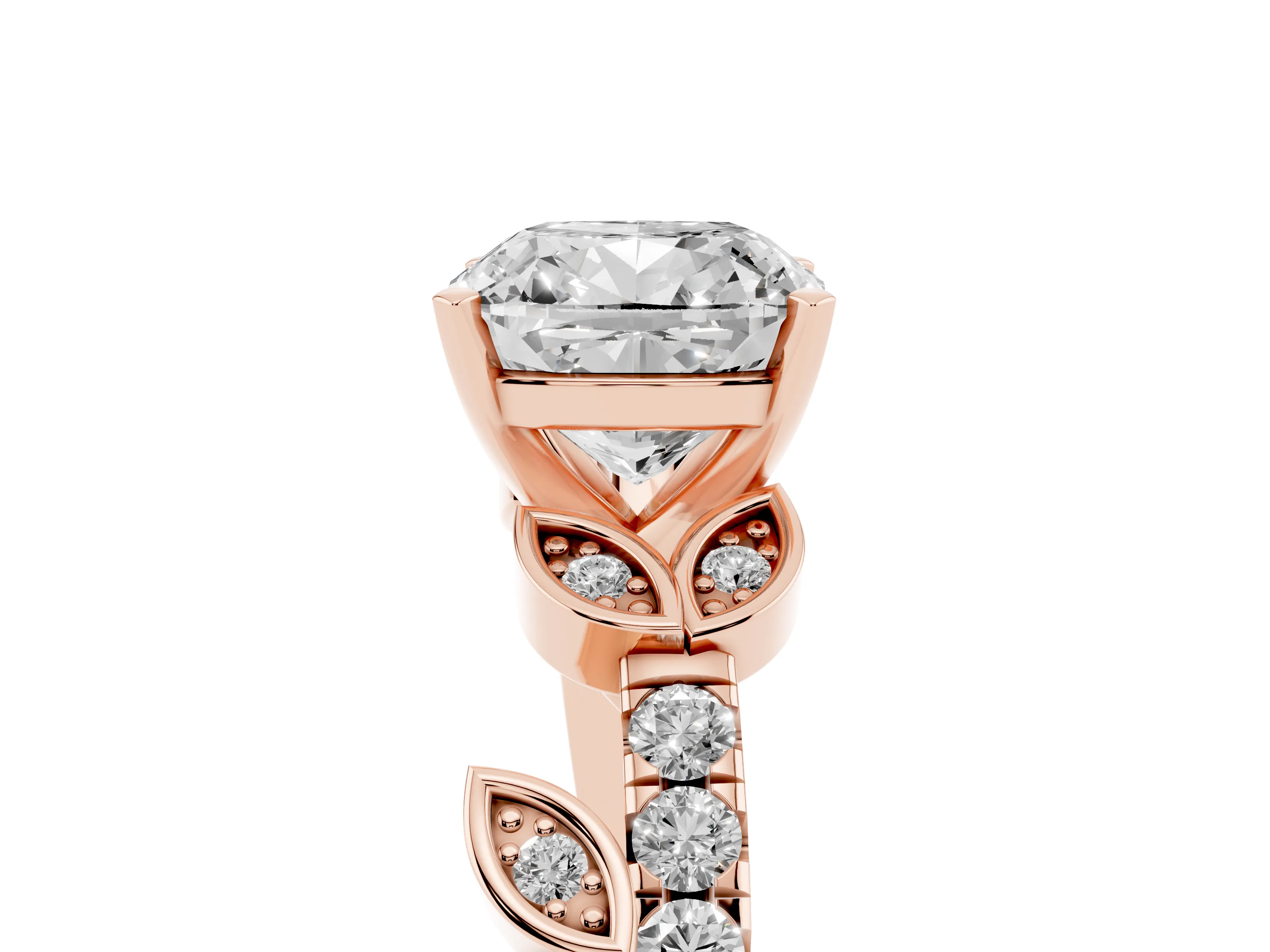Cushion Cut Diamond Solitaire Leaf-Inspired Ring Set in Rose gold with Pavé Band and Prong Setting