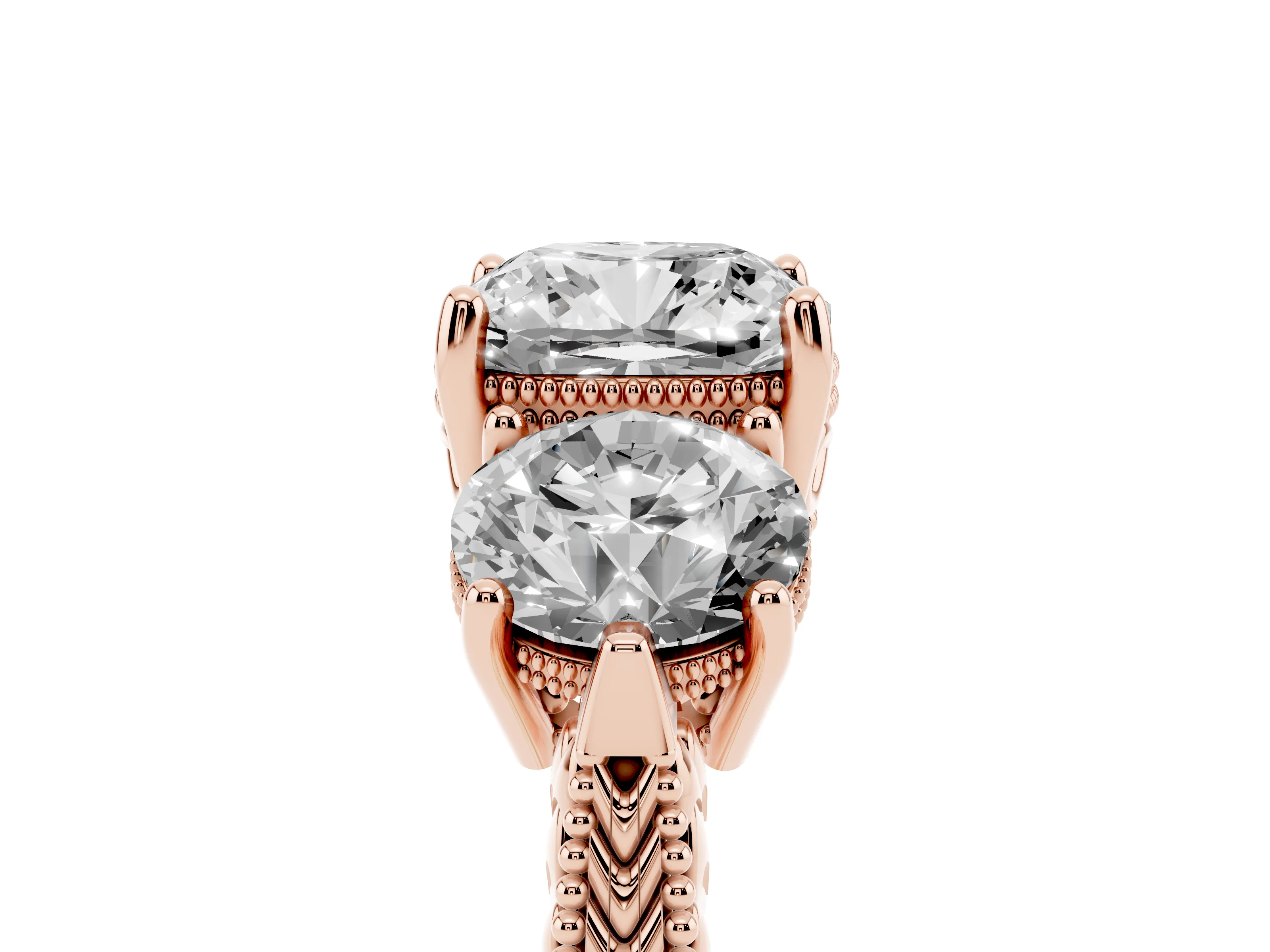 Cushion Cut Diamond Three-Stone Ring Set in Rose gold with Milgrain Band