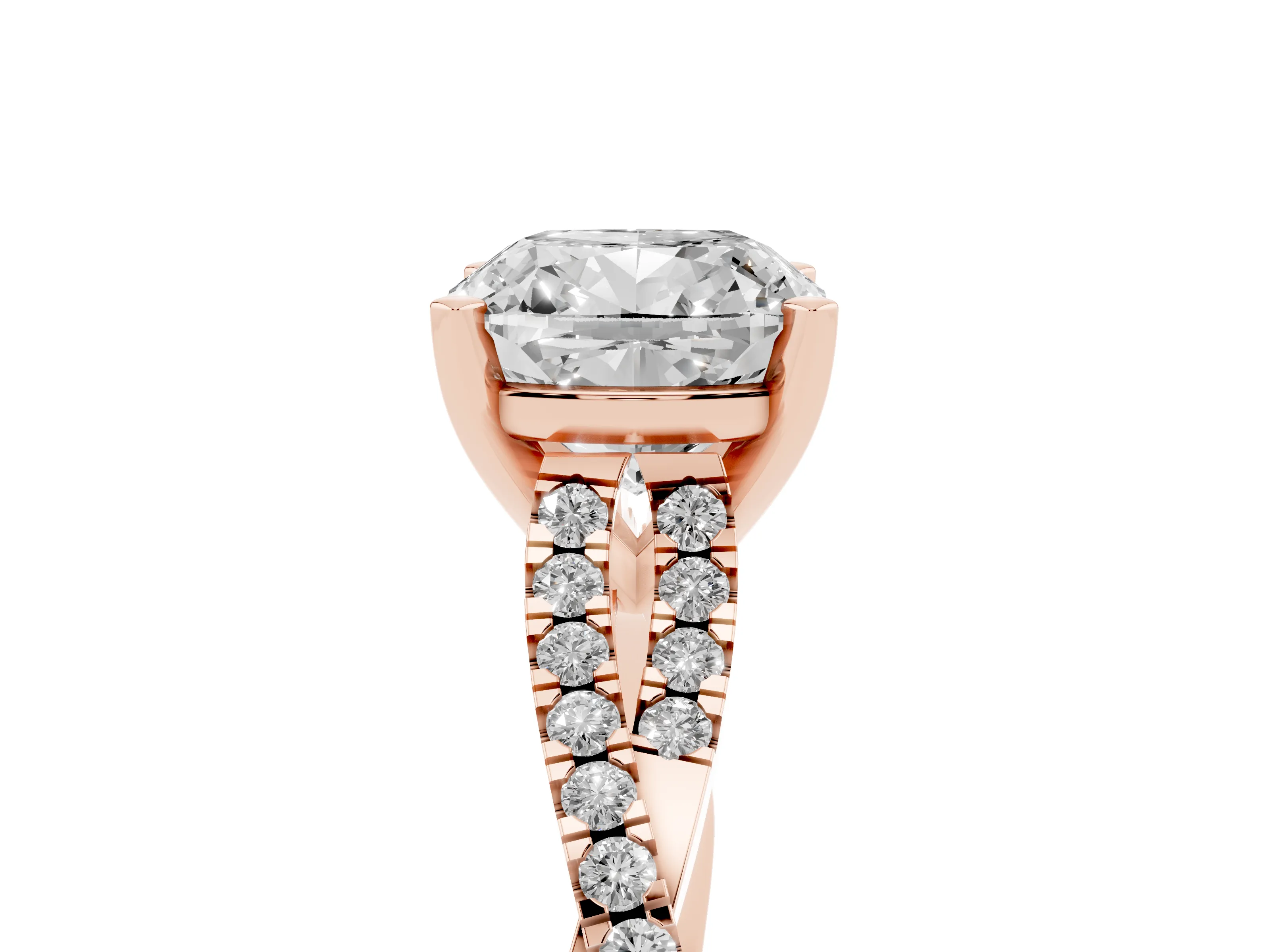 Cushion Cut Diamond Solitaire Engagement Ring Set in Rose gold with Twisted Pavé Band and Prong Setting
