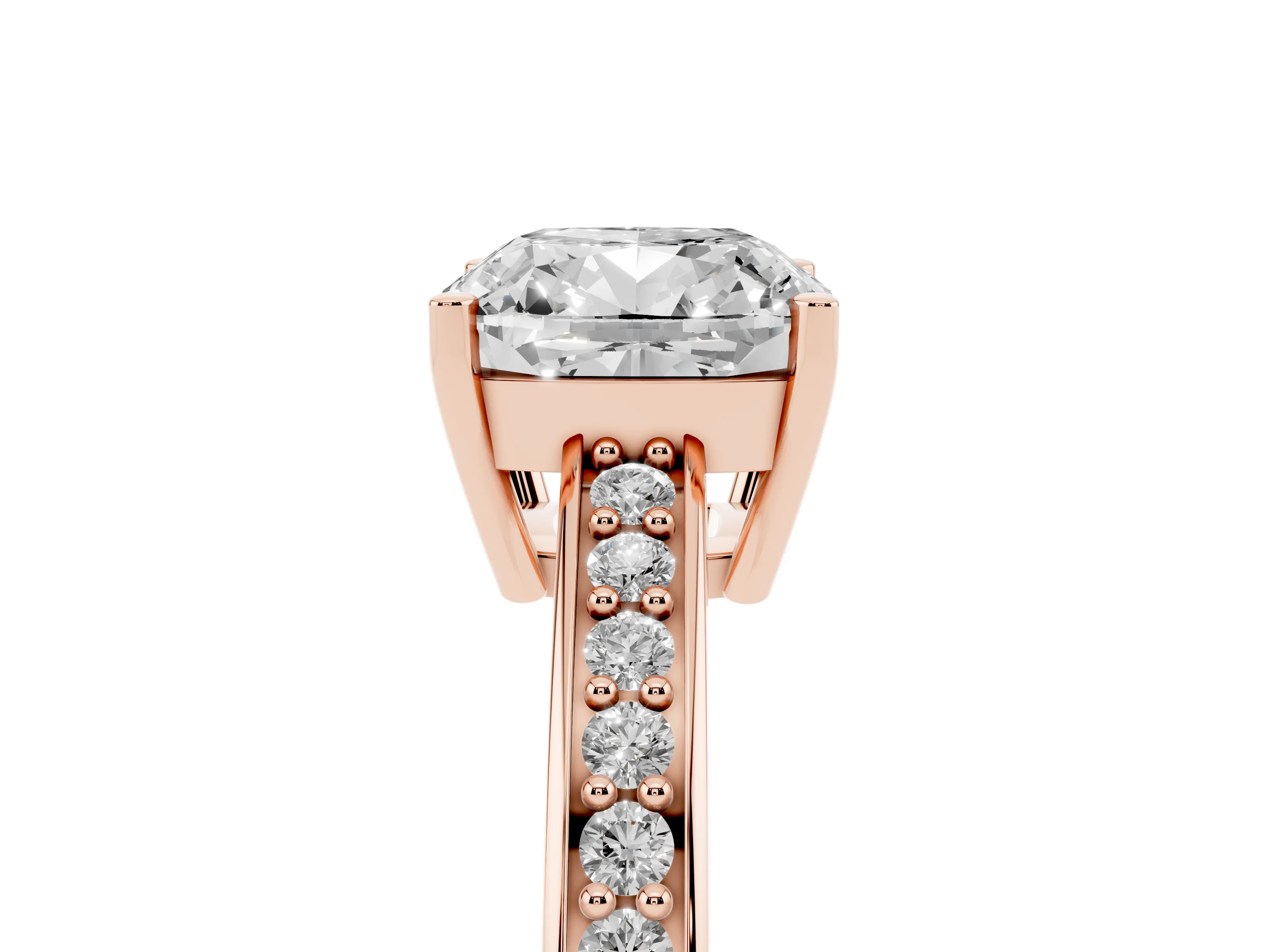 Cushion Cut Diamond Pavé Band Prong Set Solitaire Ring Set in Rose gold