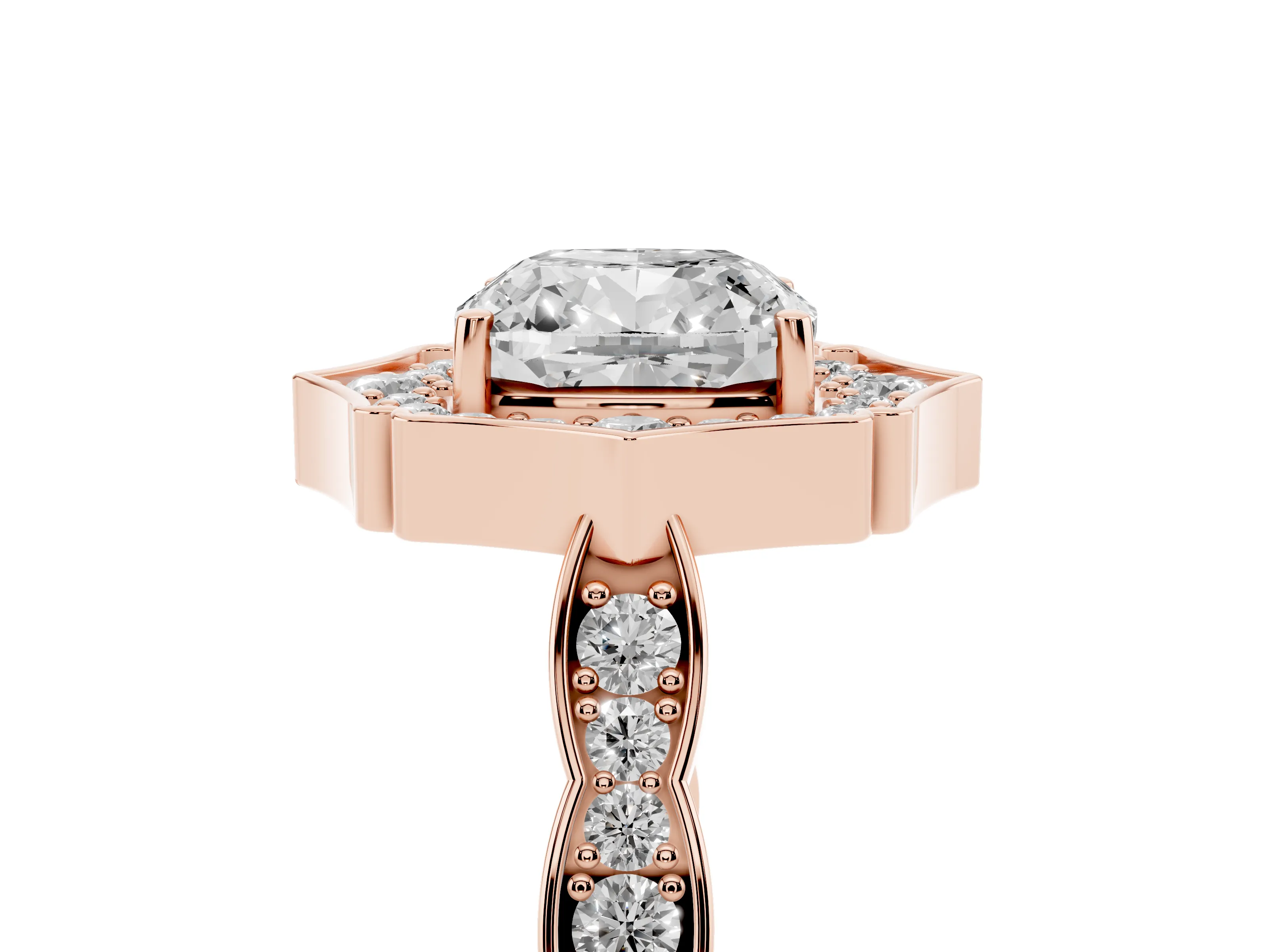 Cushion Cut Diamond Halo Engagement Ring Set in Rose gold with Milgrain Band and Prong Setting