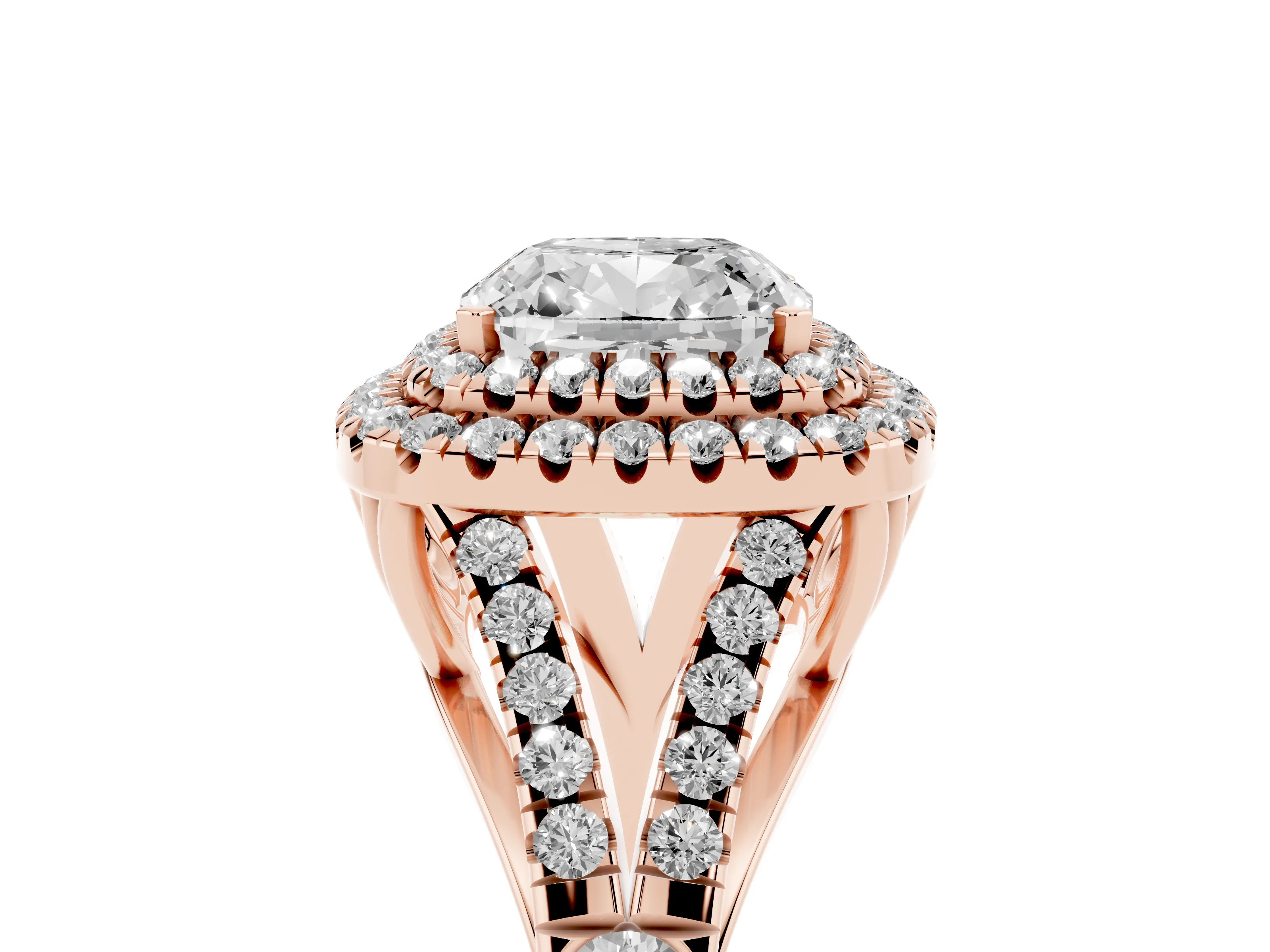 Cushion Cut Diamond Pavé Split Shank Double Halo Engagement Ring Set in Rose gold