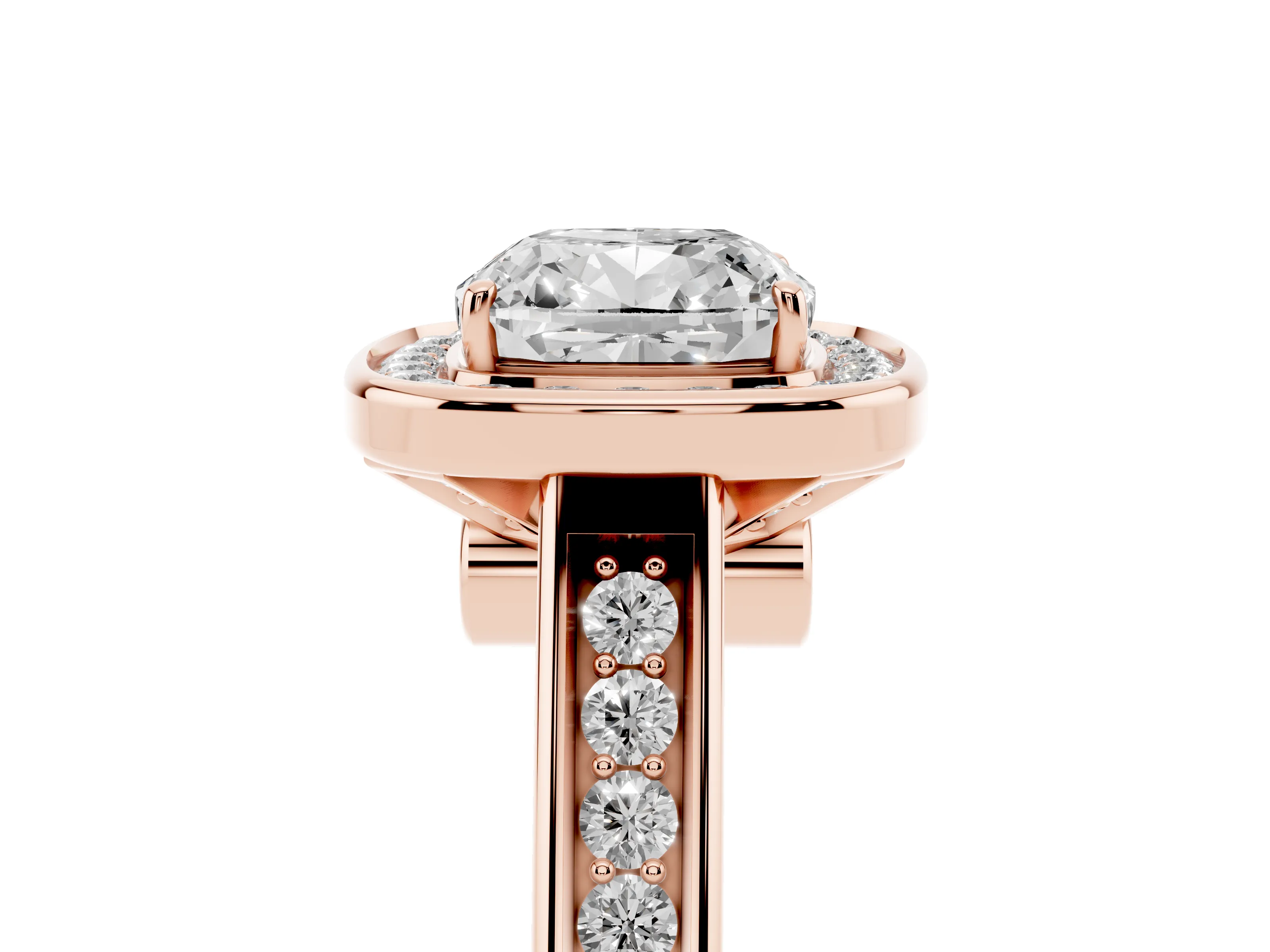 Cushion Cut Diamond Halo Solitaire Ring Set in Rose gold with Pavé Band and Bezel Setting