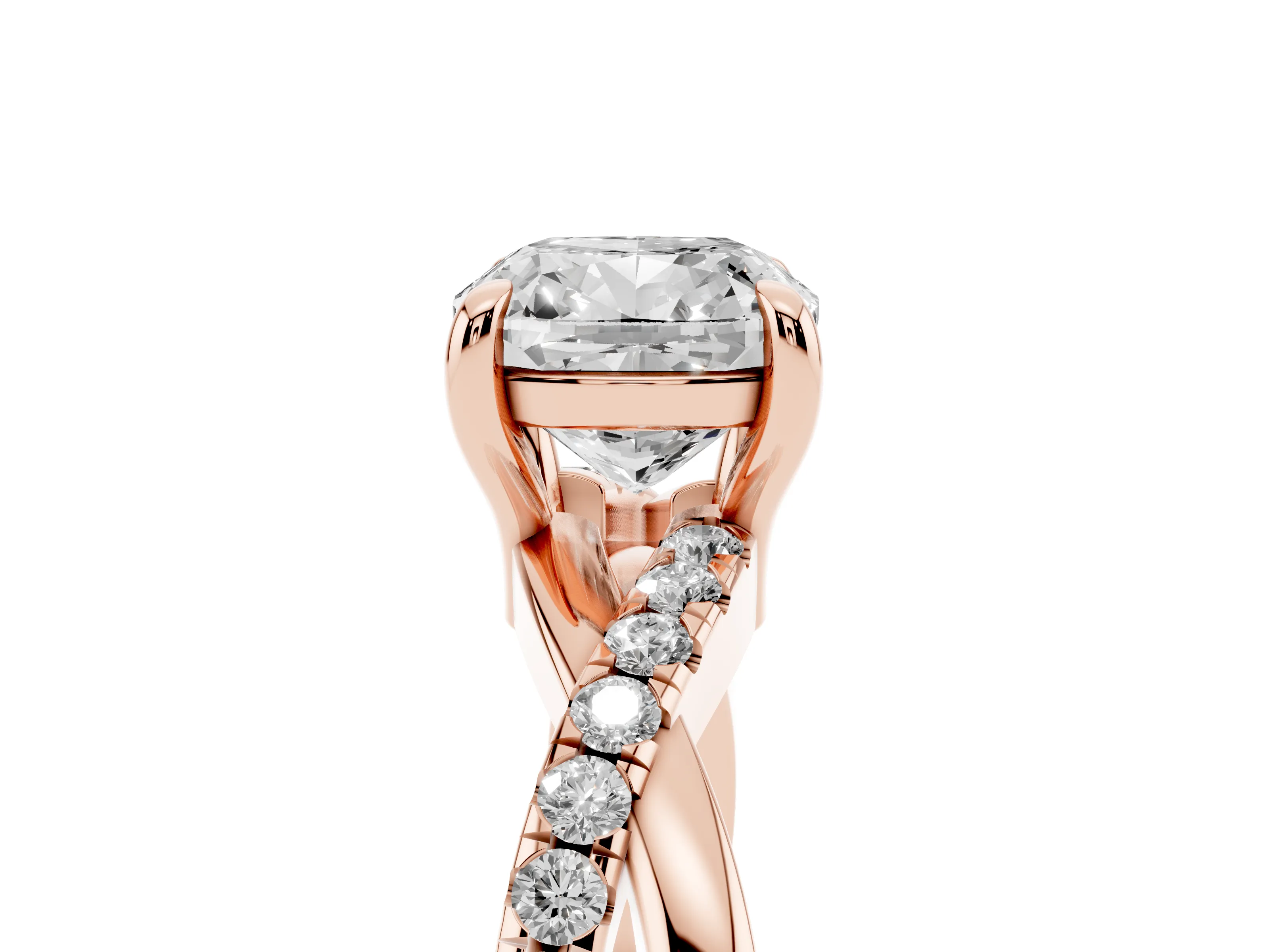 Cushion Cut Diamond Twist Band Pavé Solitaire Ring Set in Rose gold with Prong Setting