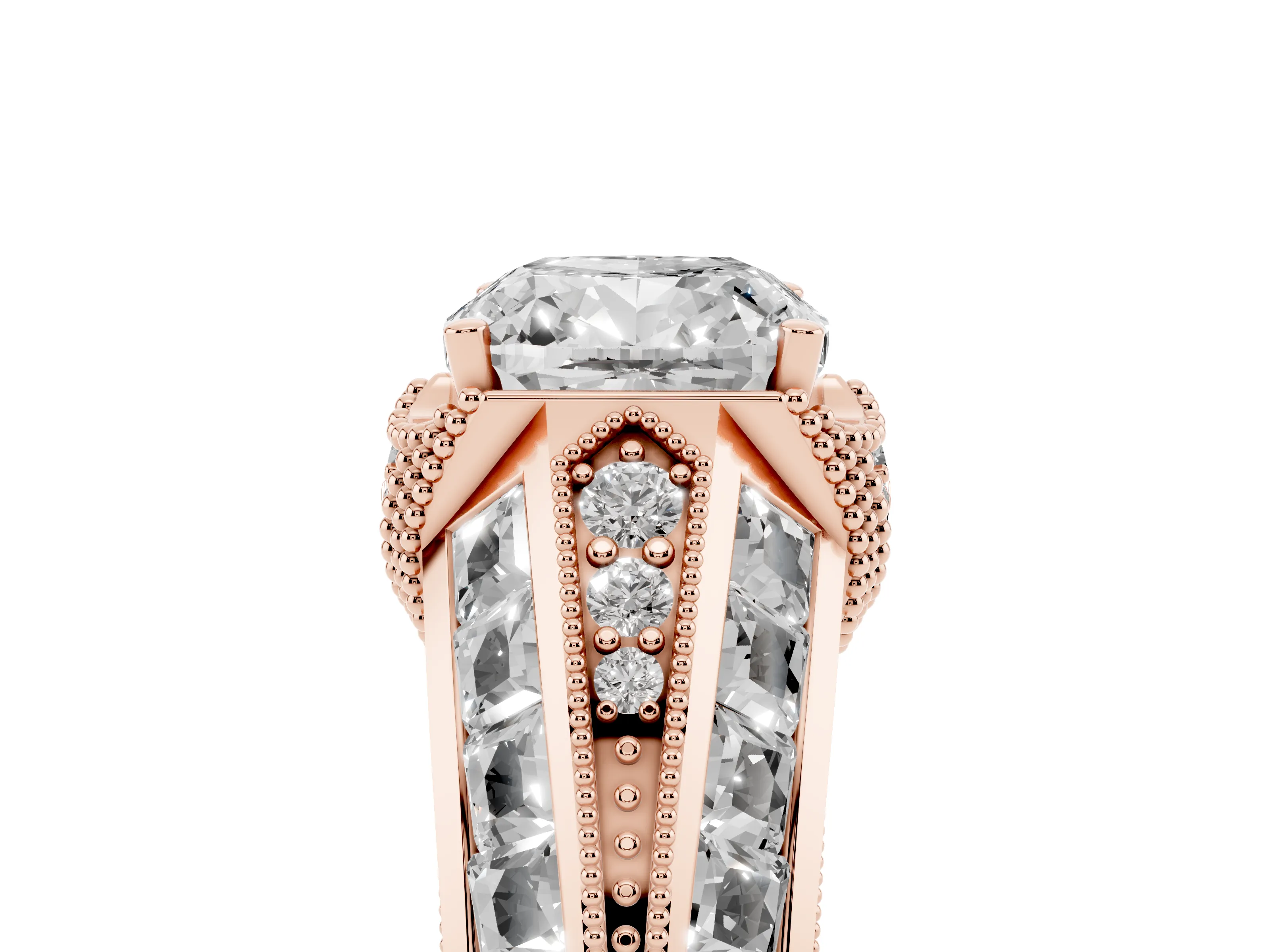 Cushion Cut Diamond Vintage-Inspired Milgrain Ring Set in Rose gold with Accent Split Shank