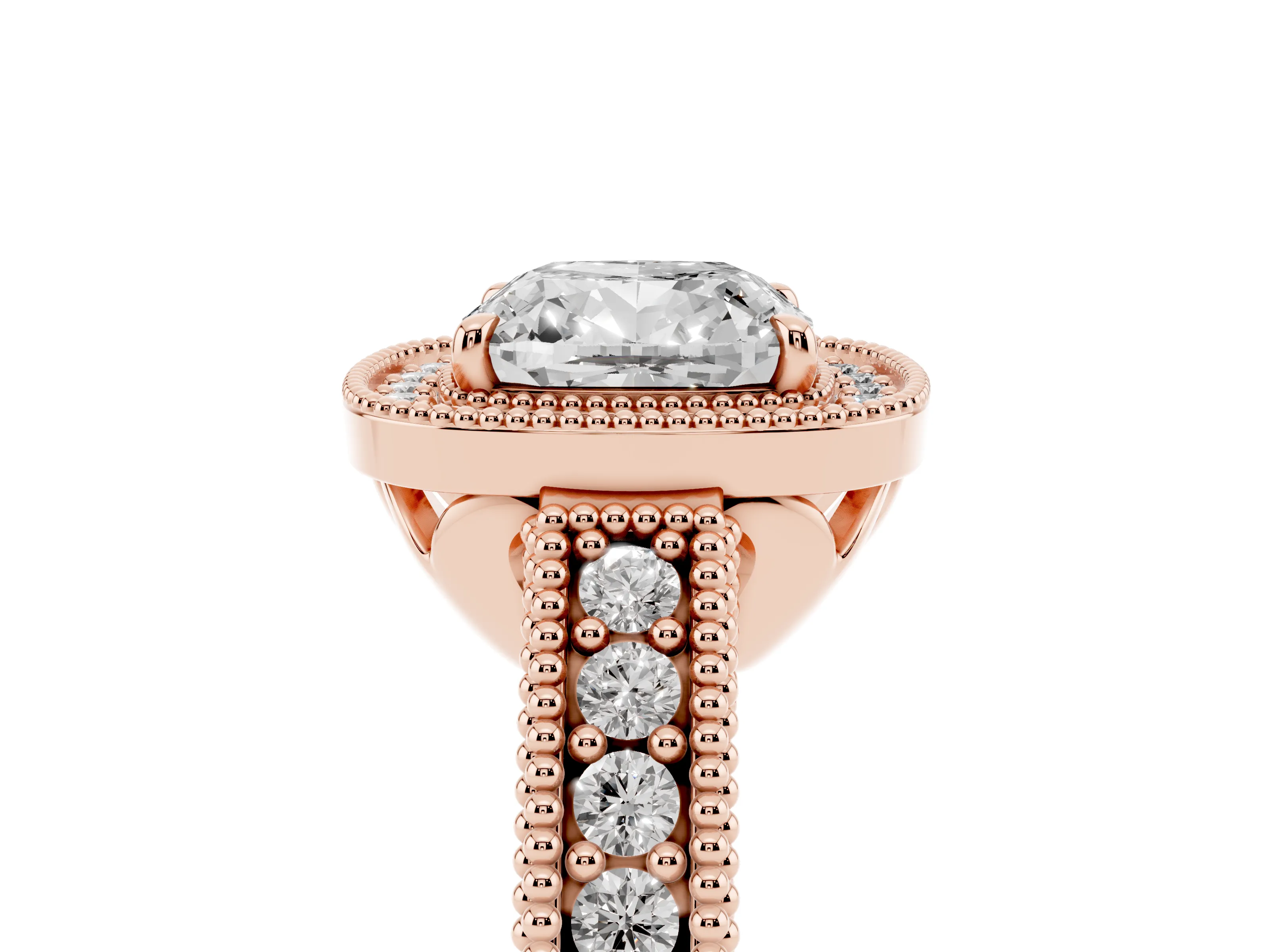 Cushion Cut Diamond Halo Ring Set in Rose gold with Round Accent Halo, Pavé Band and Prong Setting