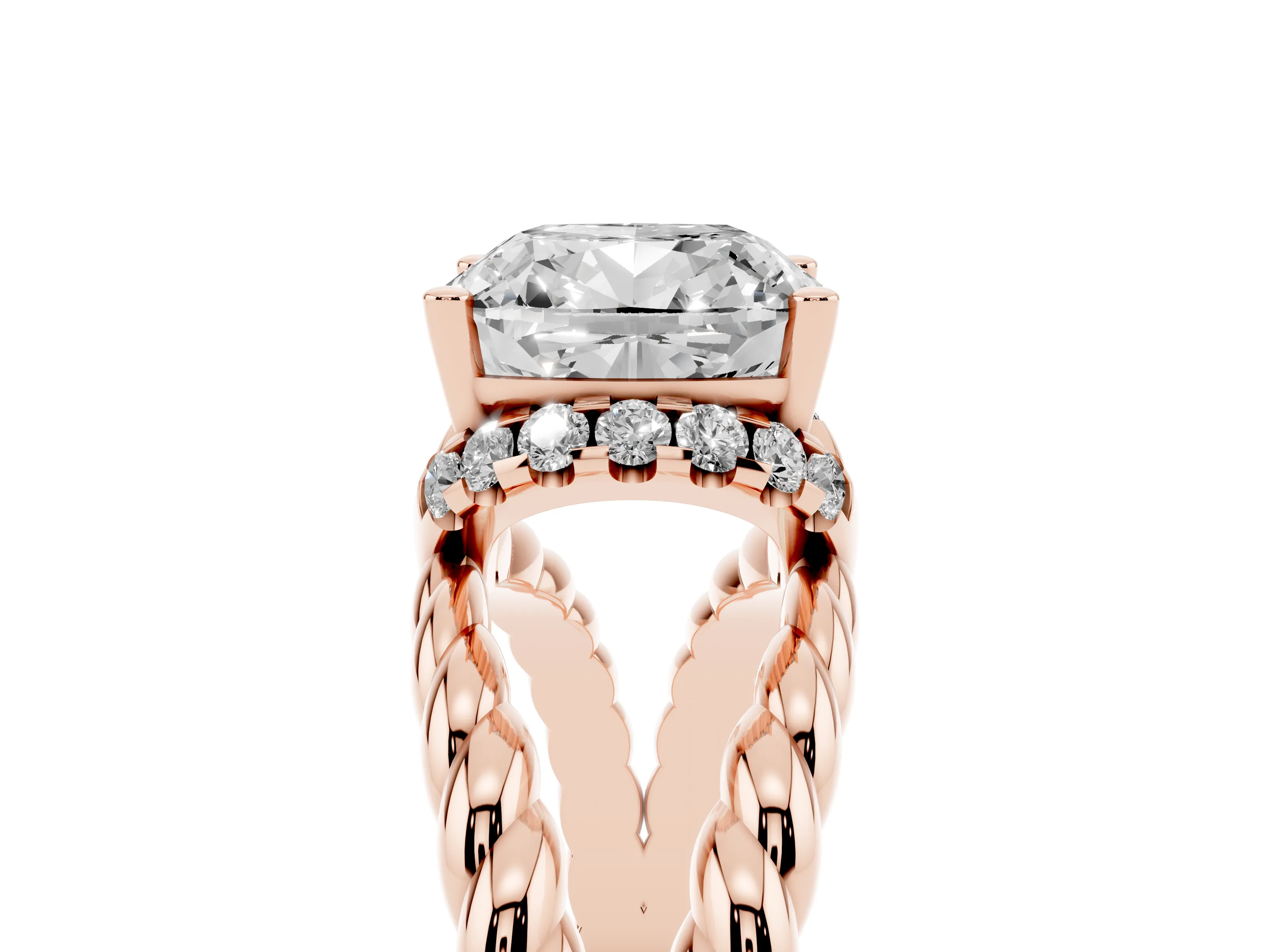 Cushion Cut Diamond Halo Ring Set in Rose gold with Twisted Band and Prong Setting
