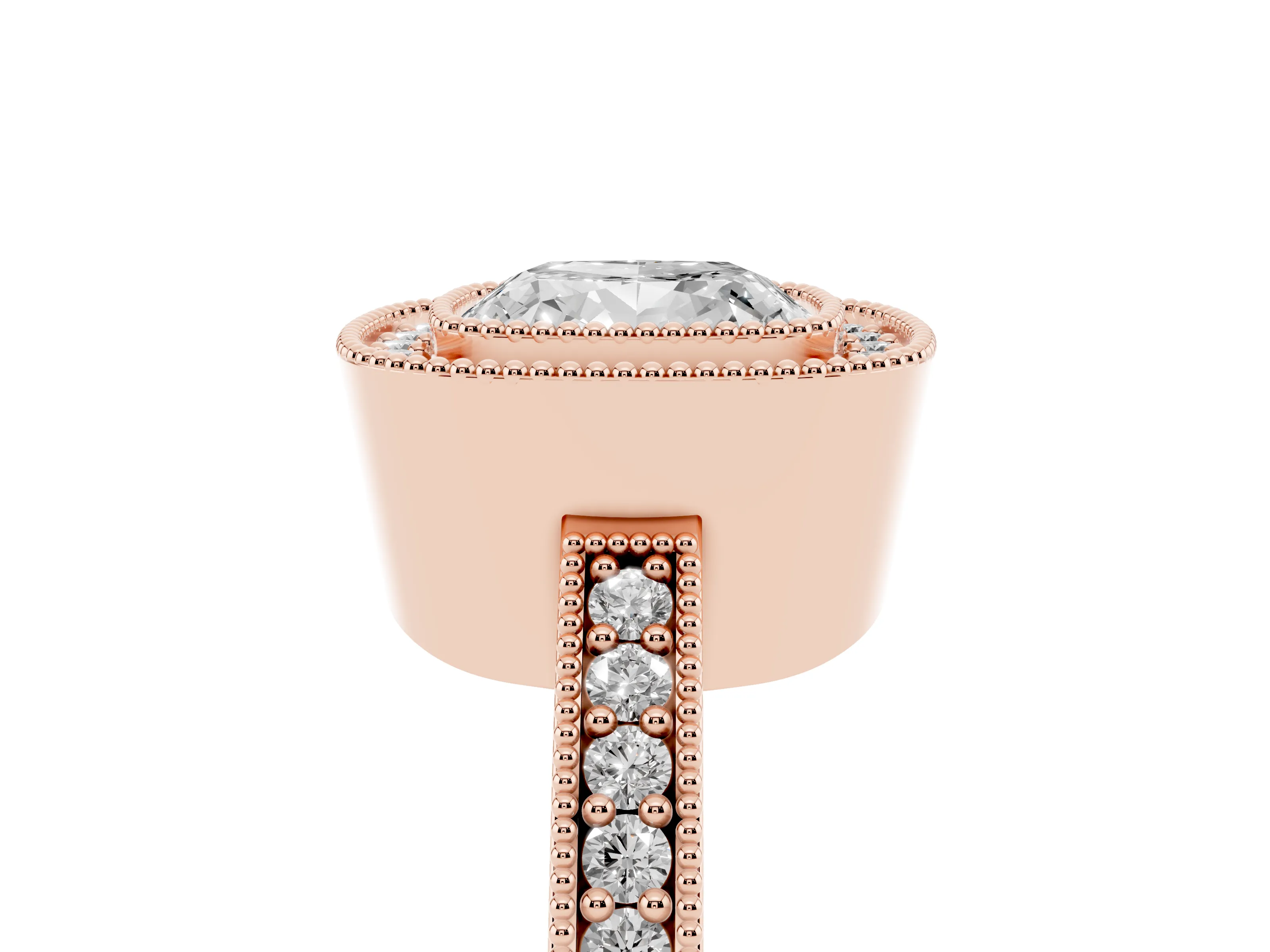 Cushion Cut Diamond Halo Engagement Ring Set in Rose gold with Pavé Band and Round Halo Stones