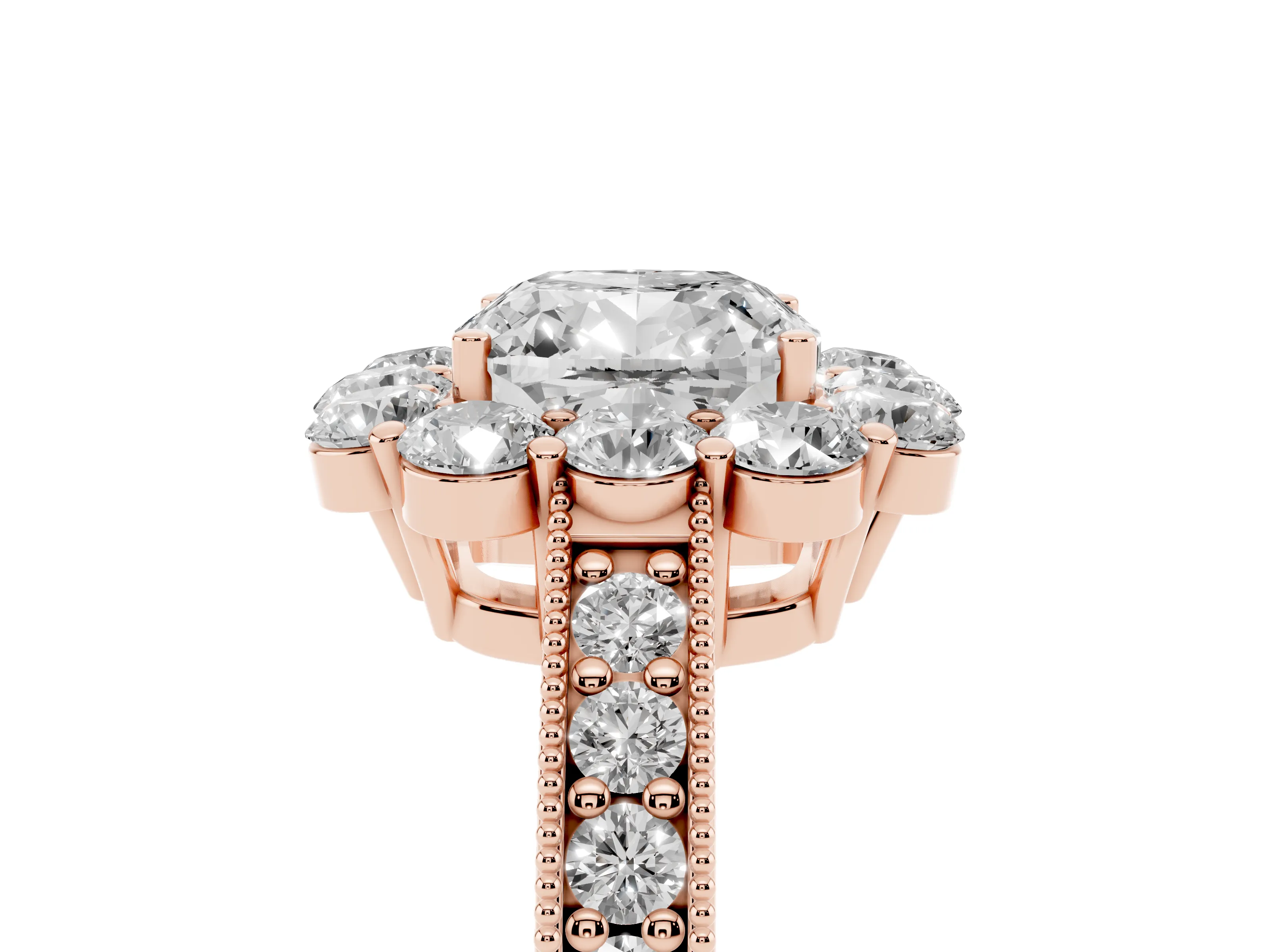 Cushion Cut Diamond Halo Pavé Engagement Ring Set in Rose gold with Milgrain Detailing