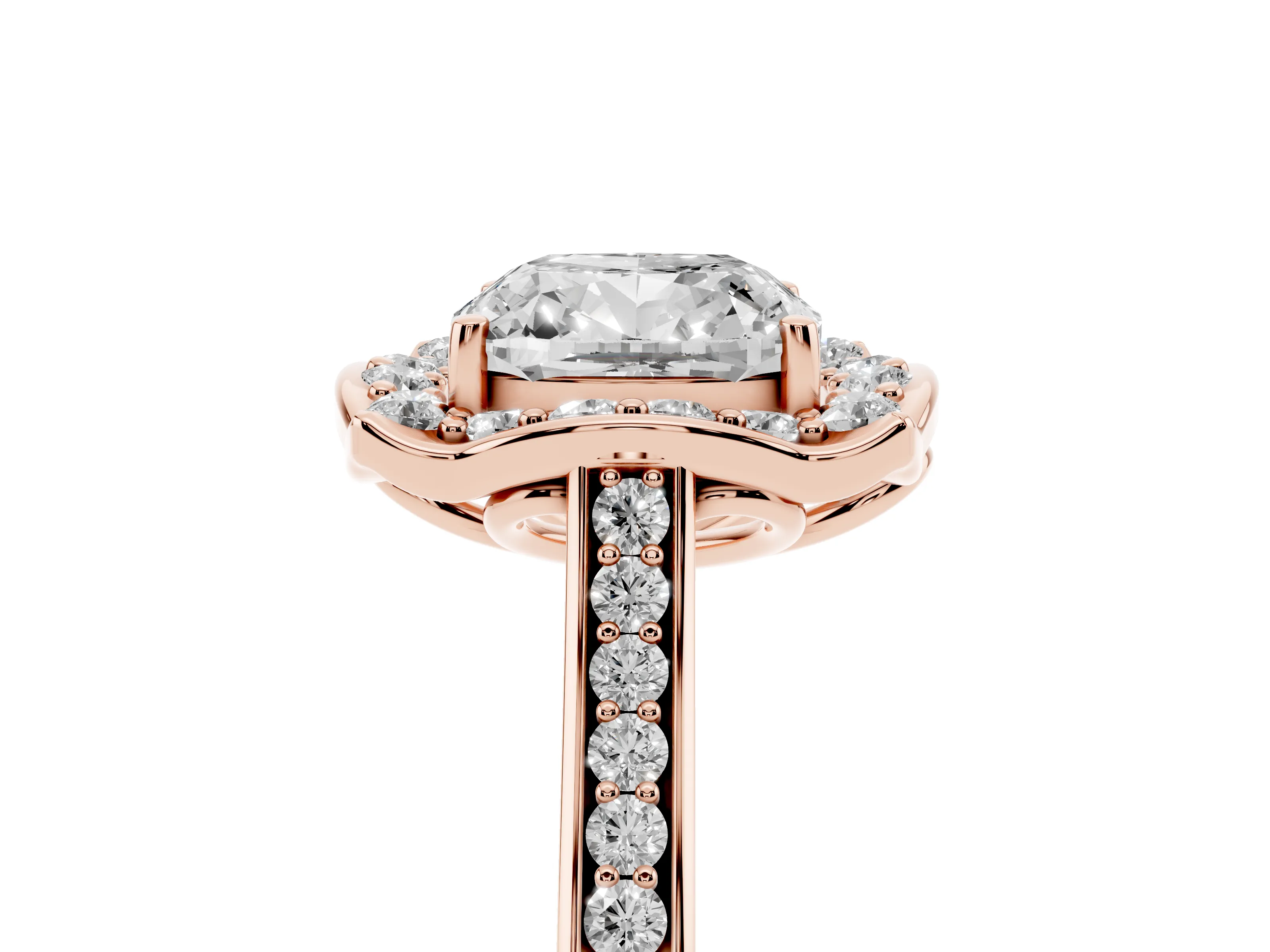 Cushion Cut Diamond Halo Ring Set in Rose gold with Pavé-Lined Shoulders and Prong Setting