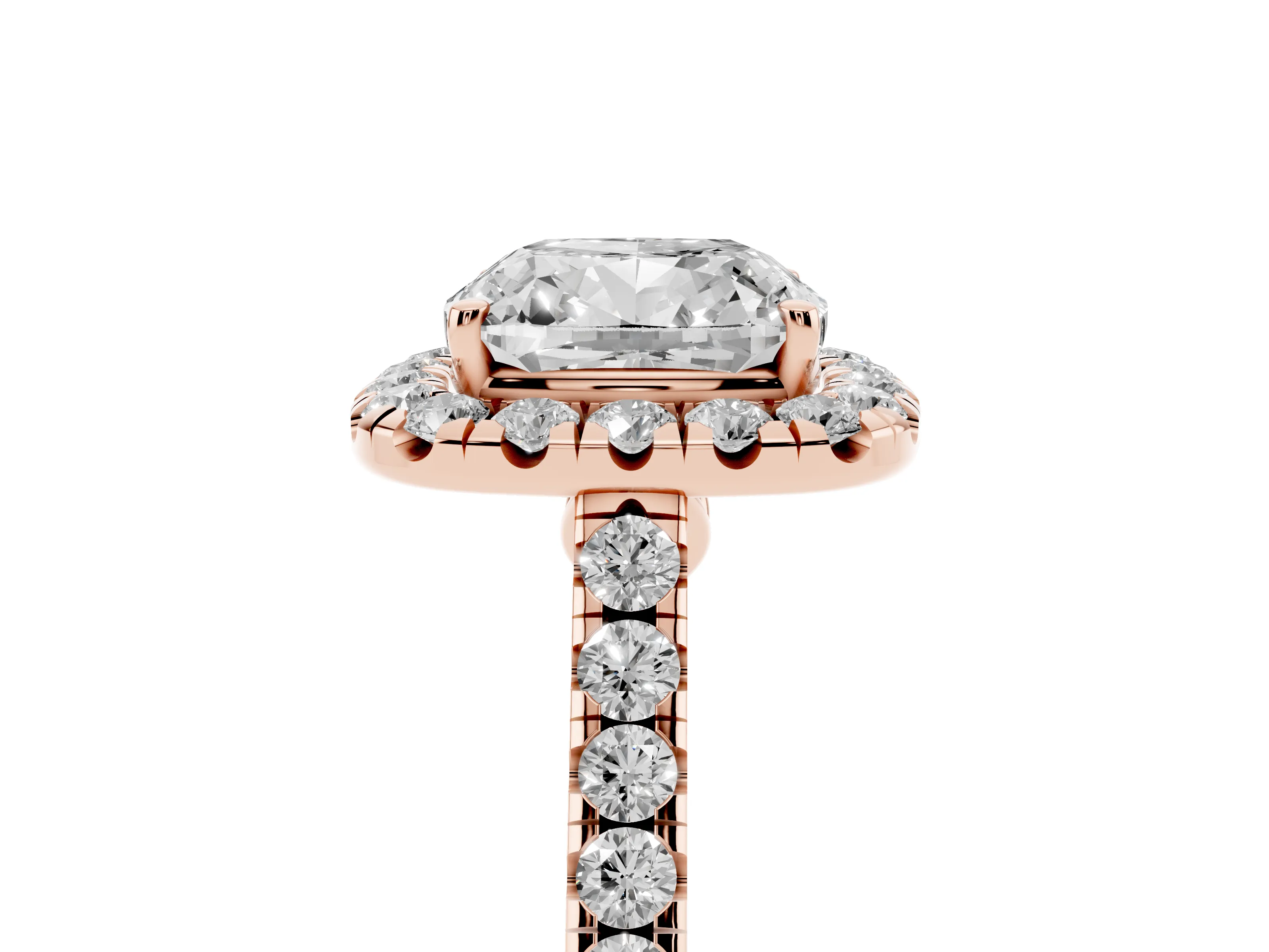 Cushion Cut Diamond Halo Pavé Engagement Ring Set in Rose gold with Prong Setting