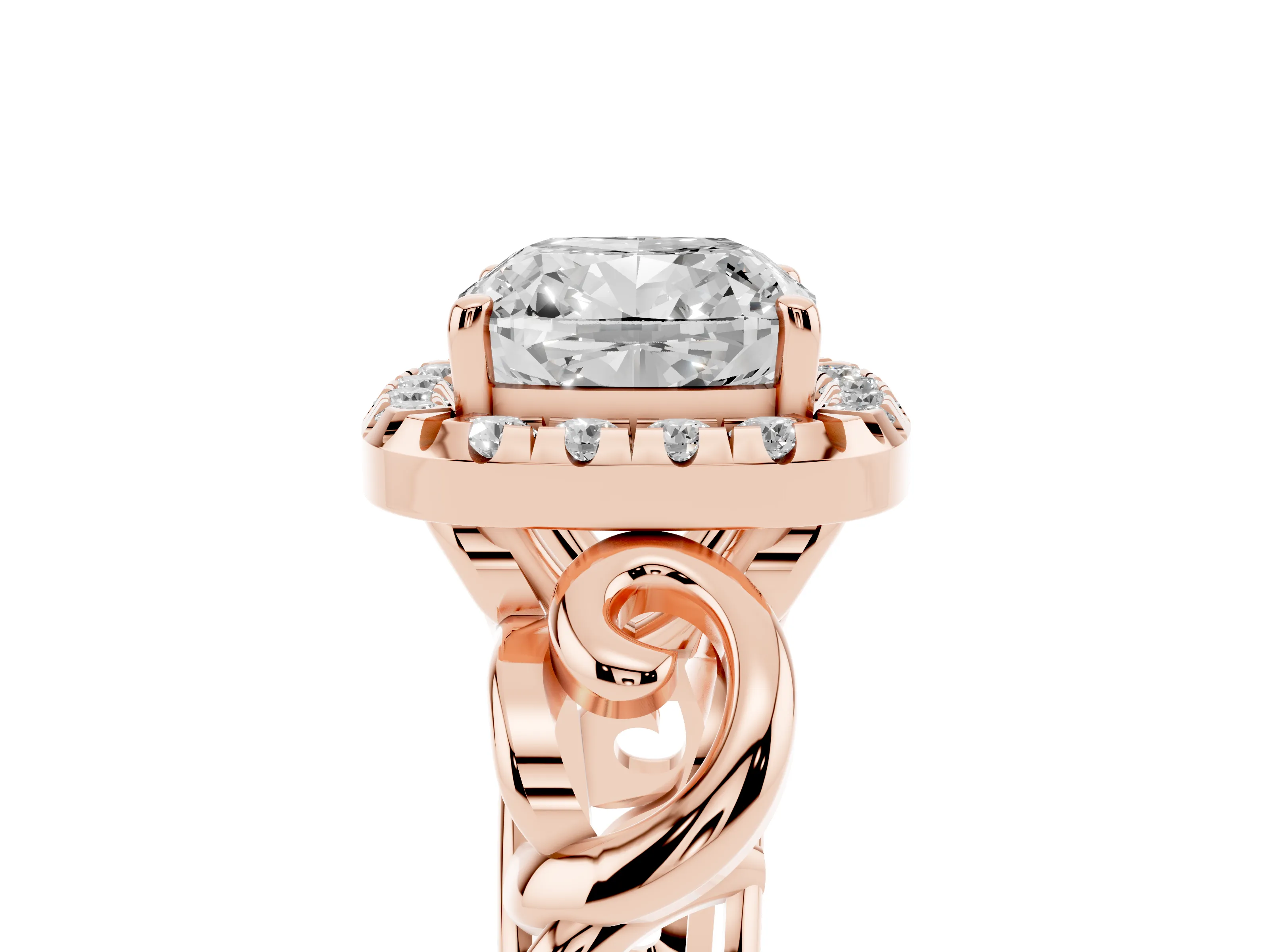 Cushion Cut Diamond Halo Ring Set in Rose gold with Scrollwork Band and Prong Setting