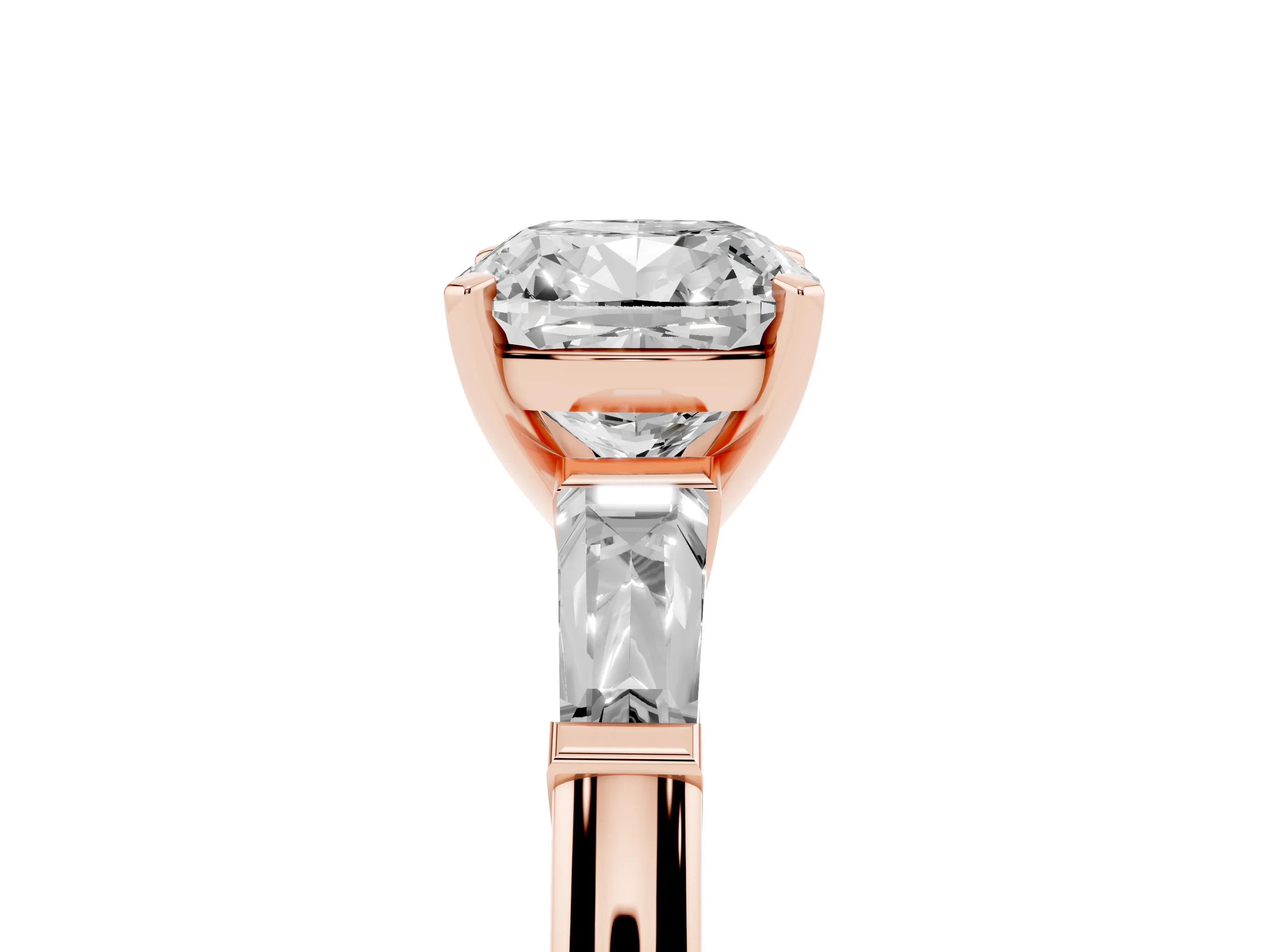 Cushion Cut Diamond Solitaire Ring Set in Rose gold with Tapered Baguette Side Stones and Prong Setting