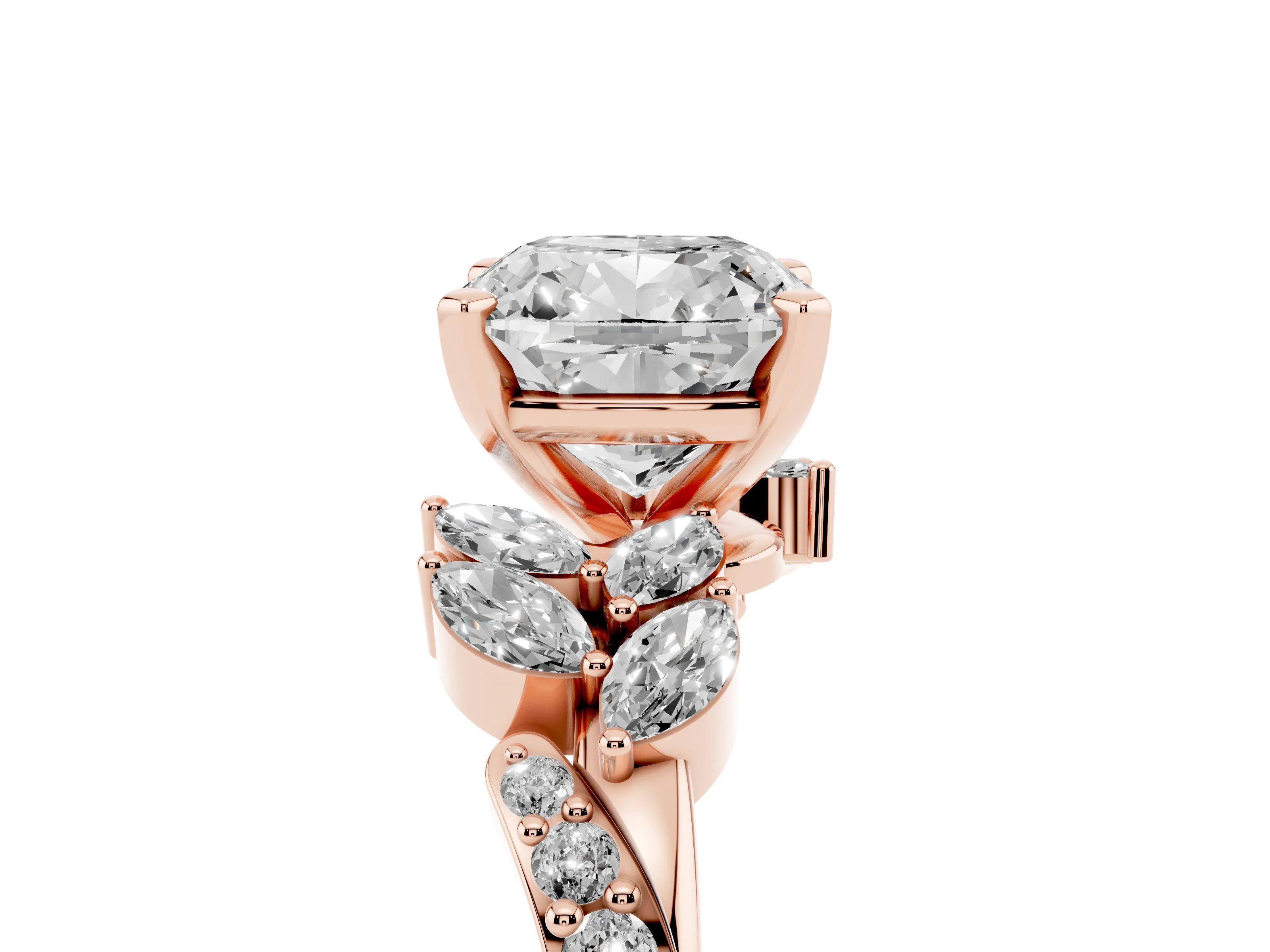 Cushion Cut Diamond Solitaire Ring Set in Rose gold with Marquise Twist Band and Prong Setting