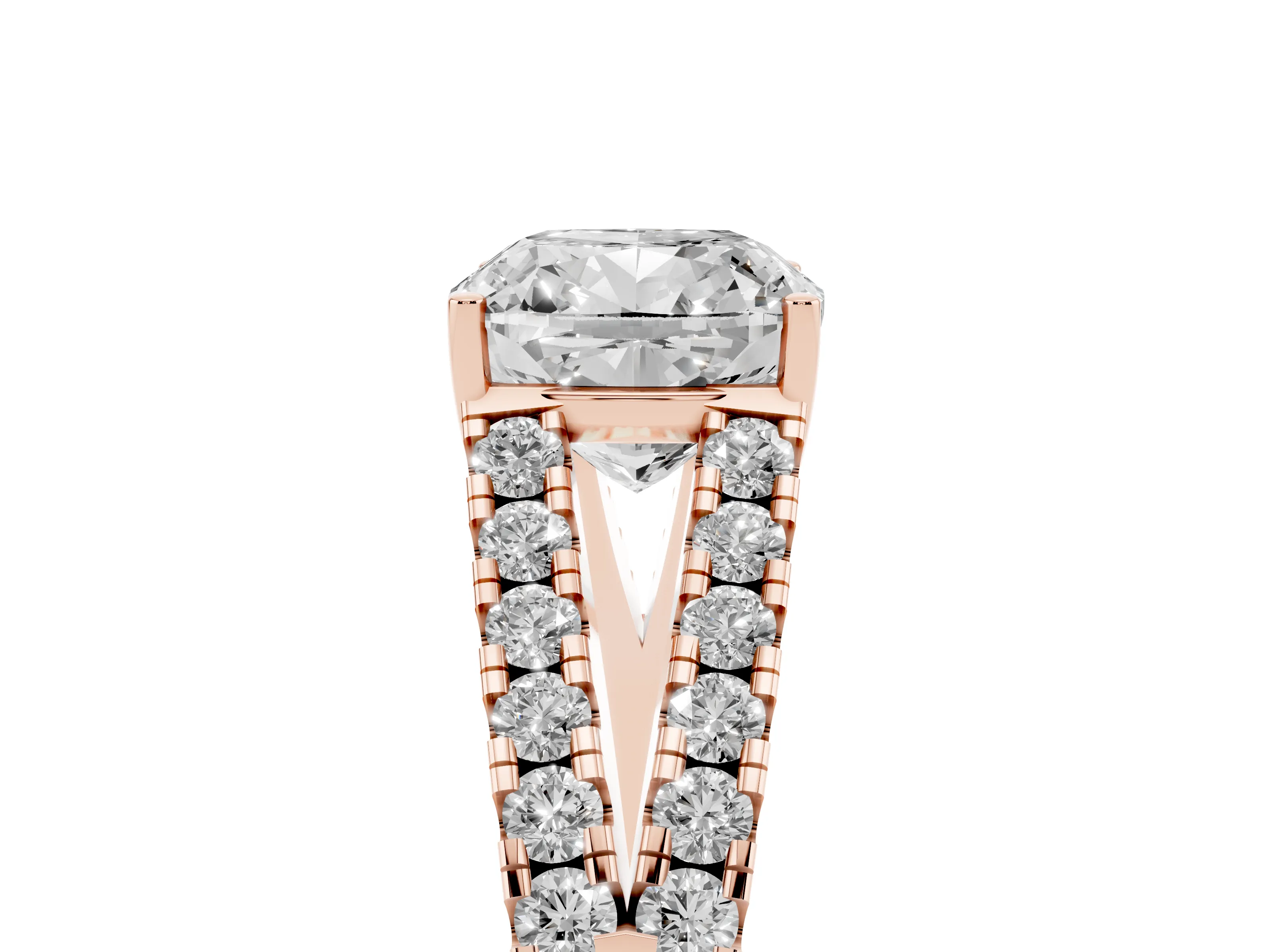 Cushion Cut Diamond Split Shank Pavé Engagement Ring Set in Rose gold with Prong-Held Center Stone