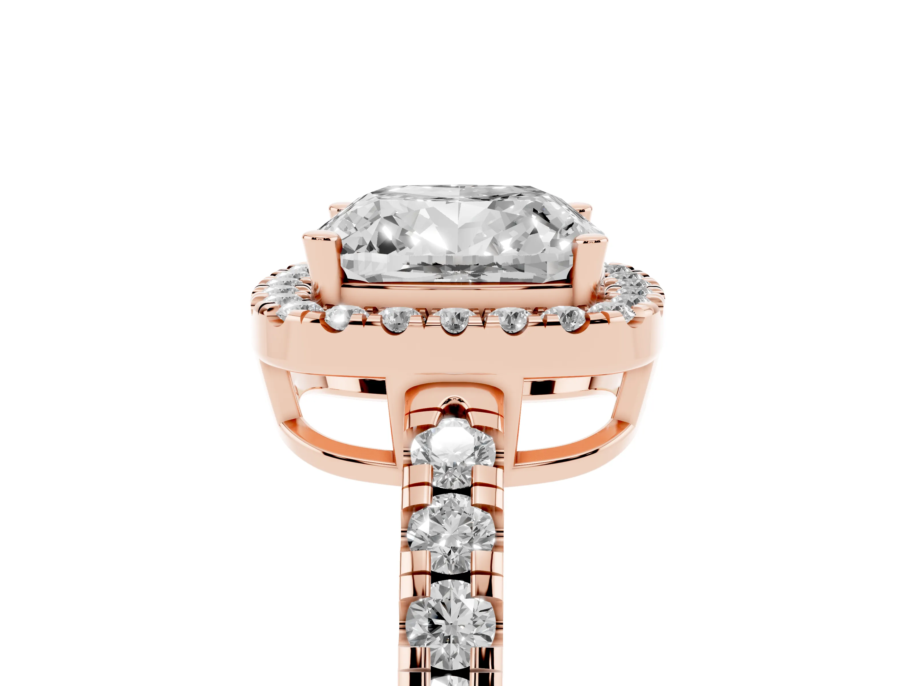 Cushion Cut Diamond Halo Ring Set in Rose gold with Delicate Pavé Band and Prong Setting