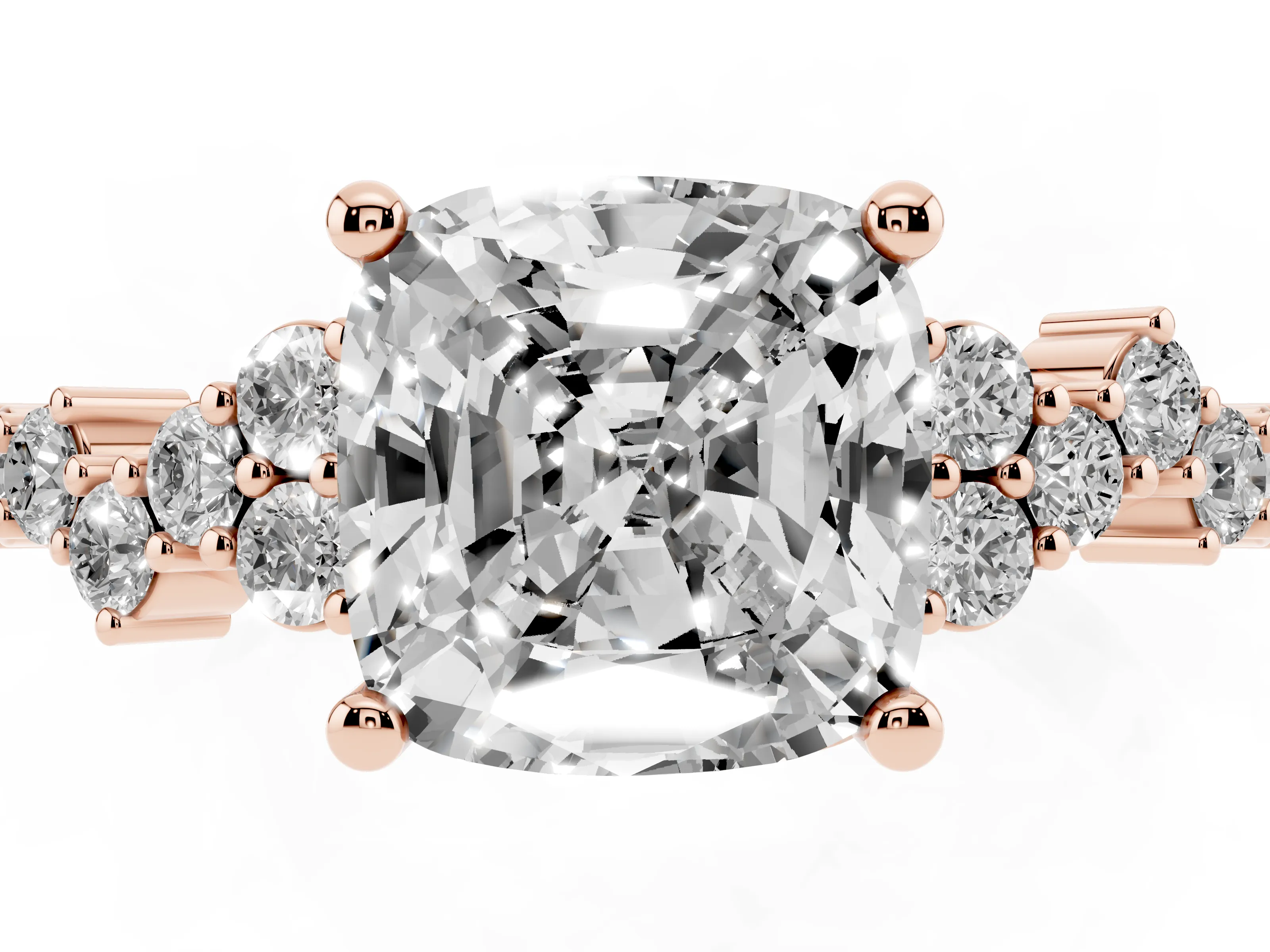 Cushion Cut Diamond Ring Set in Rose gold with Scattered Round Accents