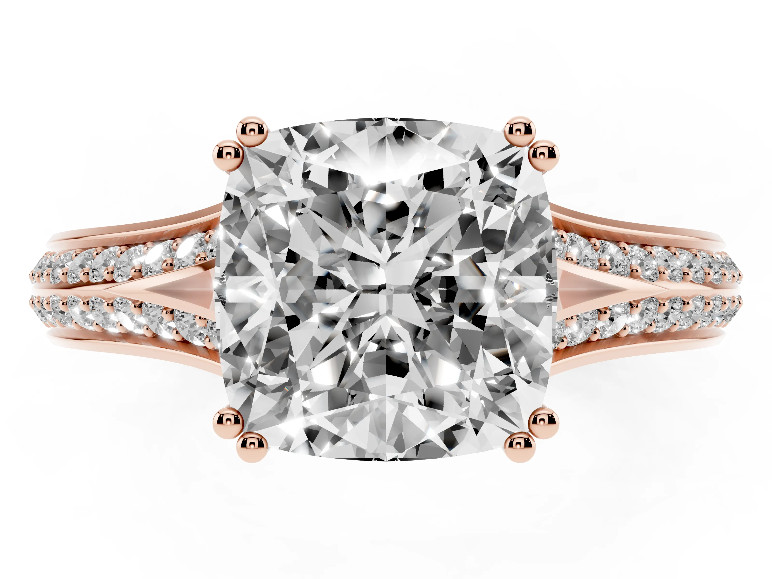 Cushion Cut Diamond Split Shank Pavé Engagement Ring Set in Rose gold with Prong-Set Center Stone