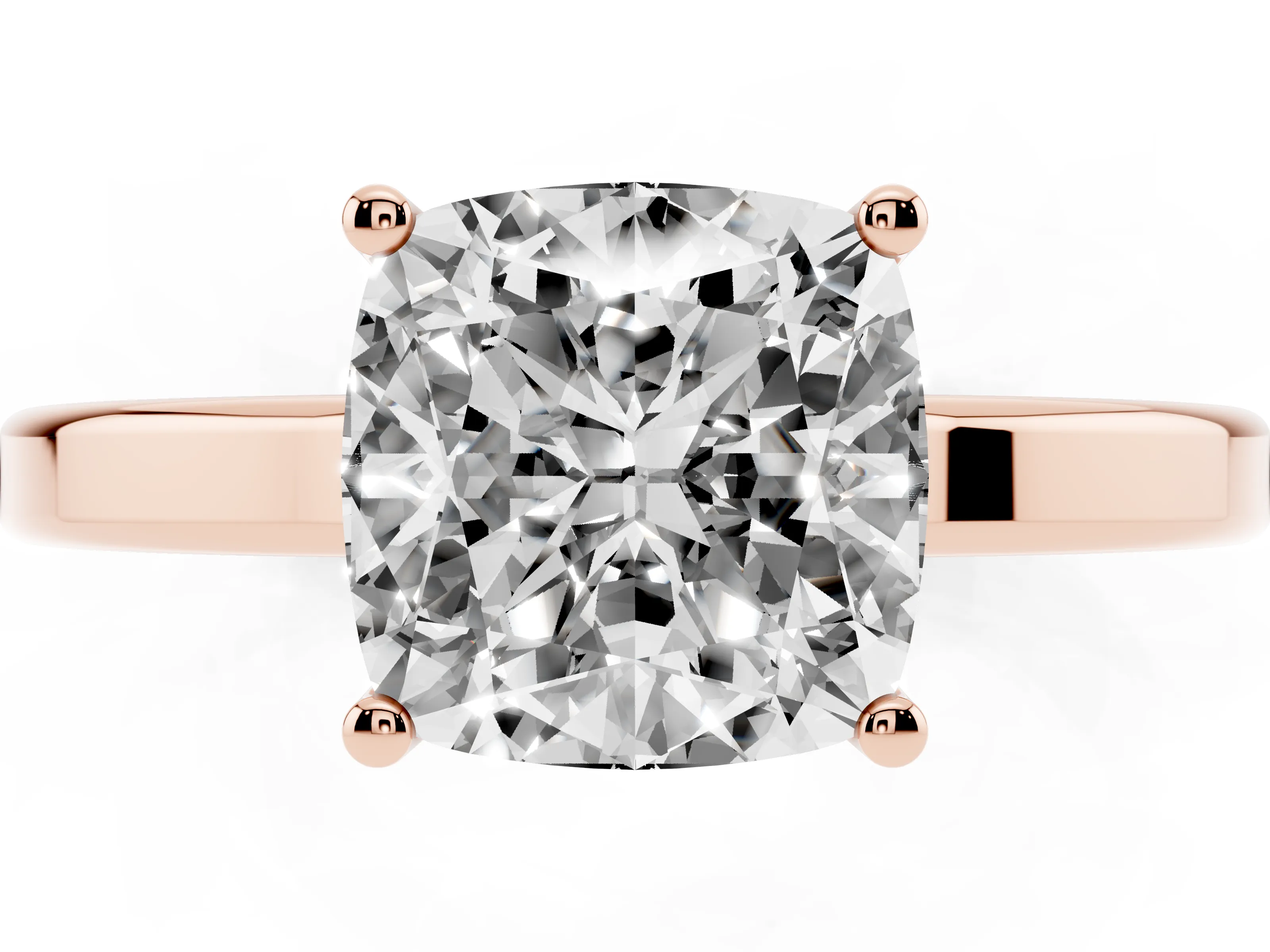 Cushion Cut Diamond Solitaire Engagement Ring Set in Rose gold with Prong Setting on a Plain Band