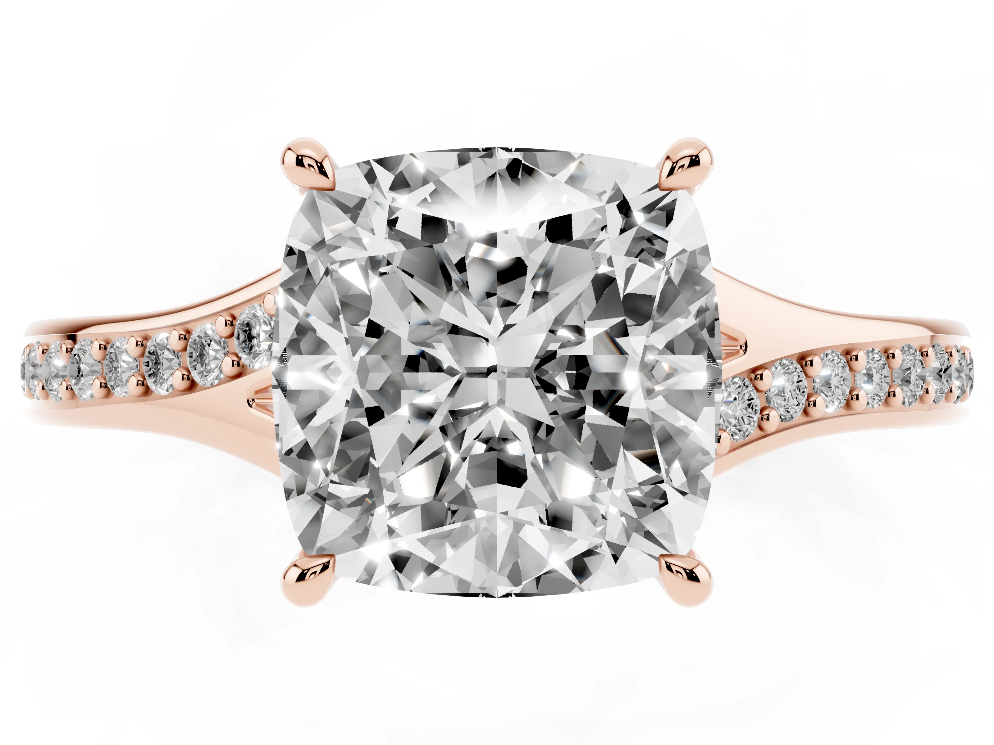 Cushion Cut Diamond Solitaire Ring Set in Rose gold with Pavé Accent Band and Classic Prong Setting