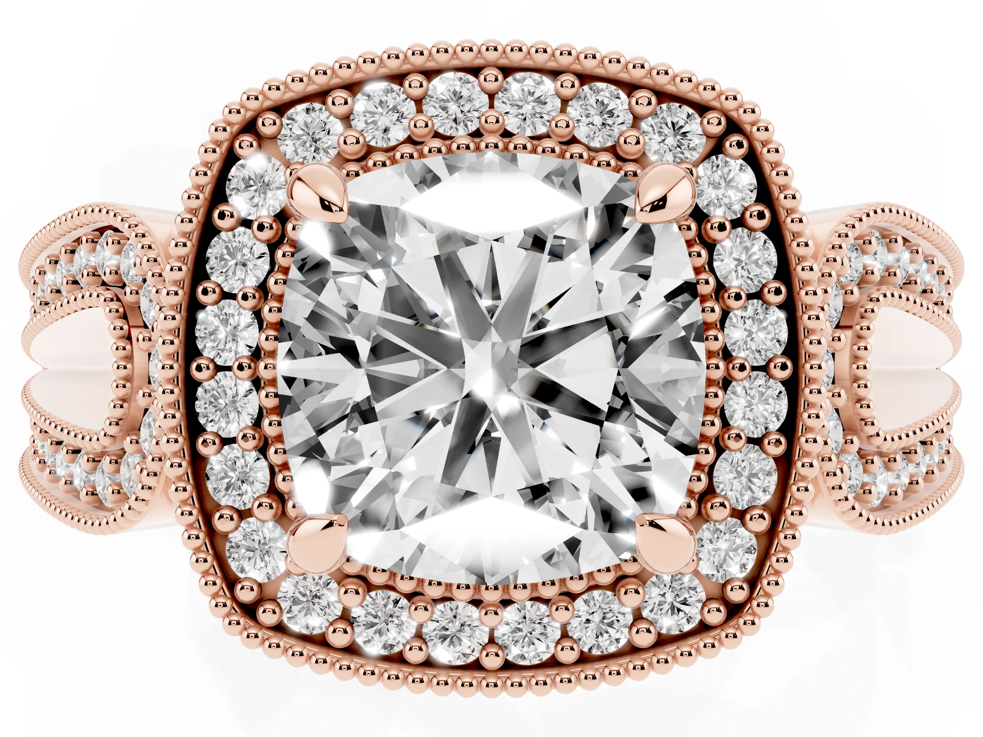 Cushion Cut Diamond Halo Ring Set in Rose gold with Milgrain Accent Split Shank