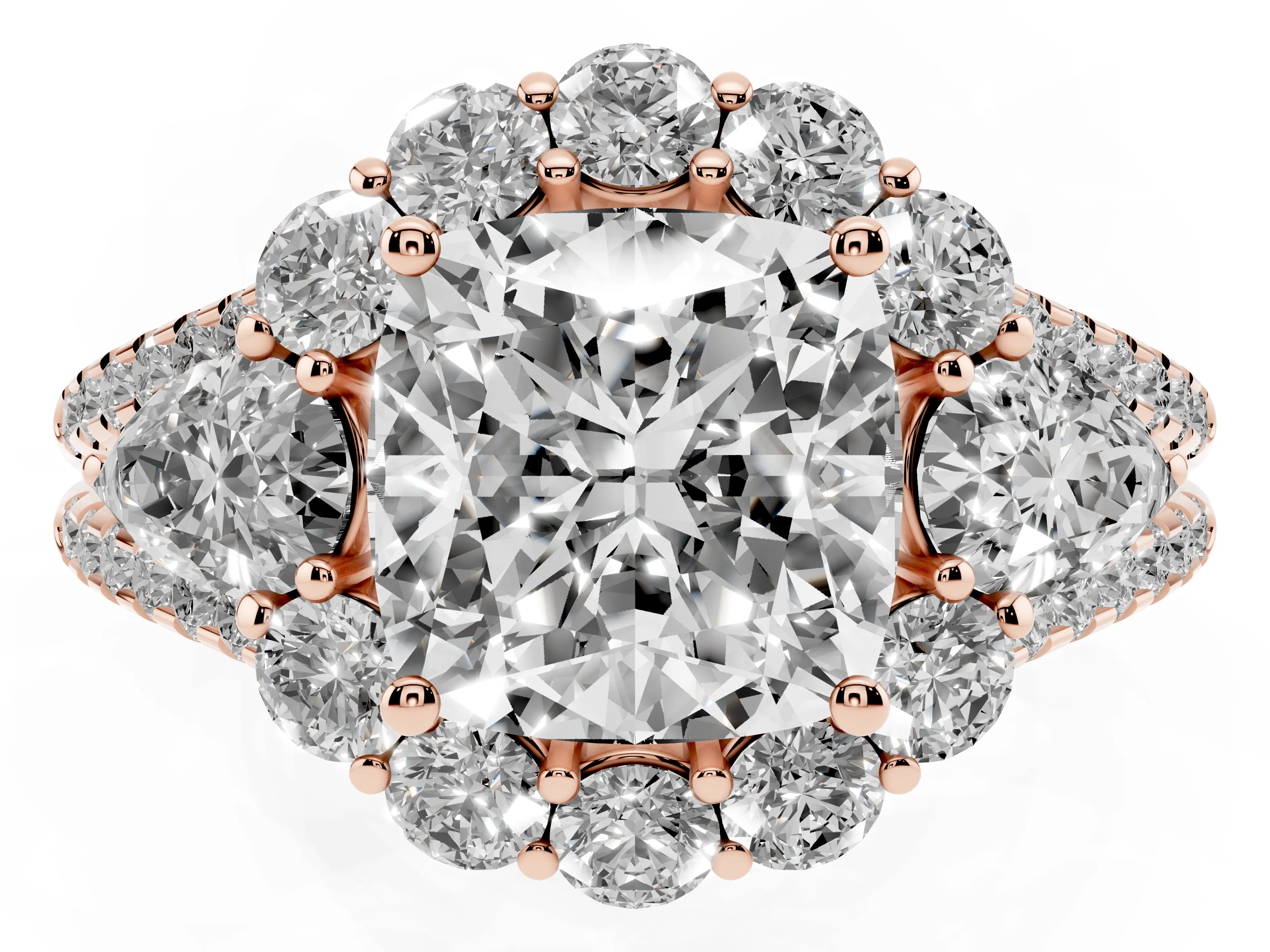 Cushion Cut Diamond Halo Split Shank Engagement Ring Set in Rose gold with Prong-Held Center Stone