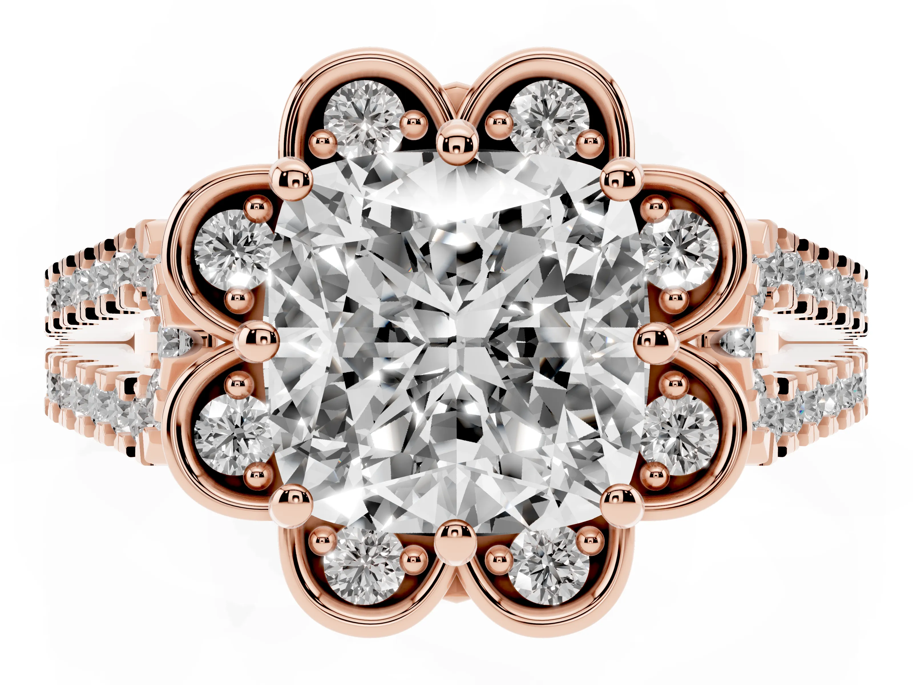 Cushion Cut Diamond Floral Halo Split Shank Engagement Ring Set in Rose gold with Pavé Shank