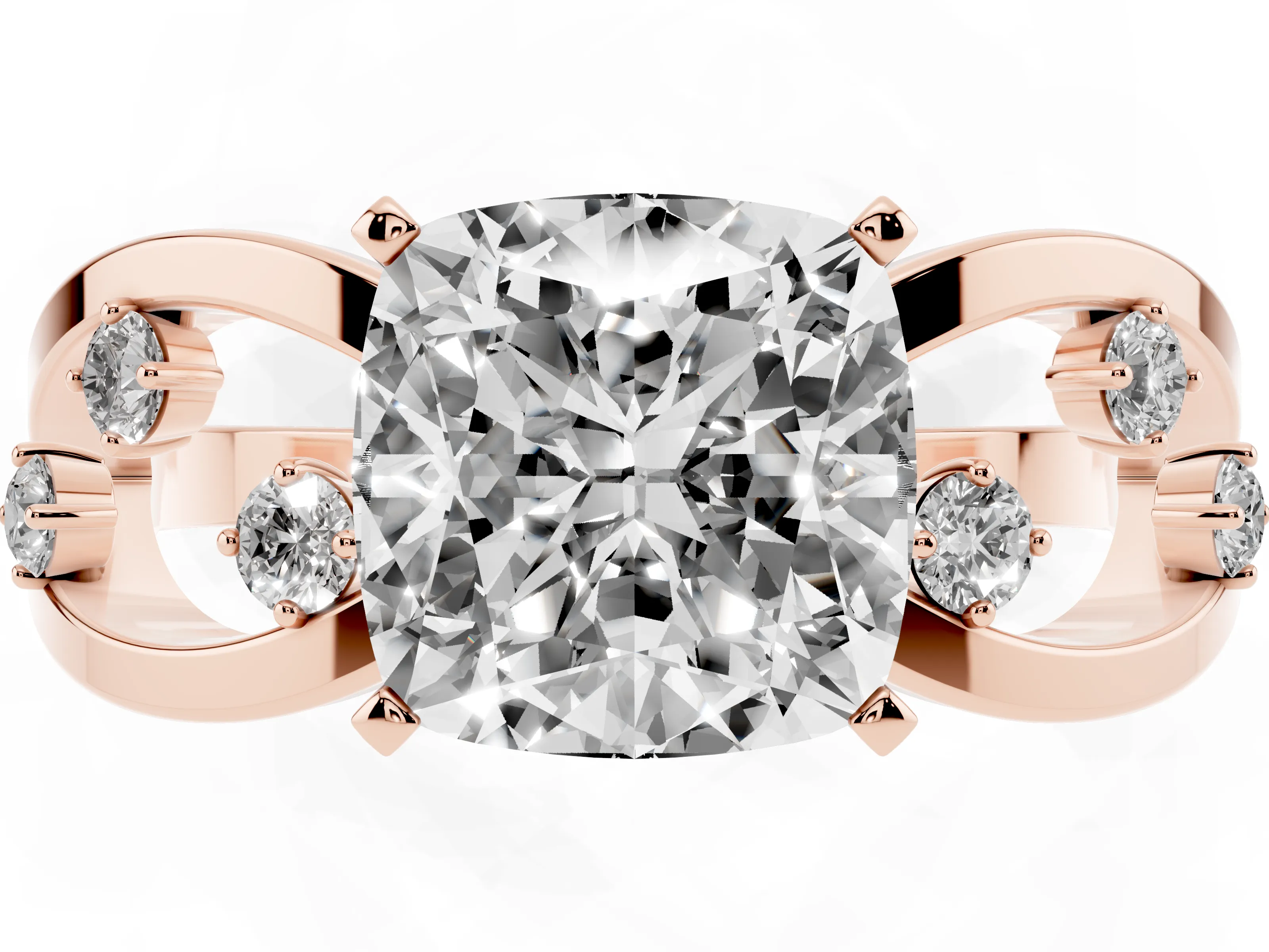 Cushion Cut Diamond Solitaire Ring Set in Rose gold with Side Stones on Criss-Cross Band and Prong Setting