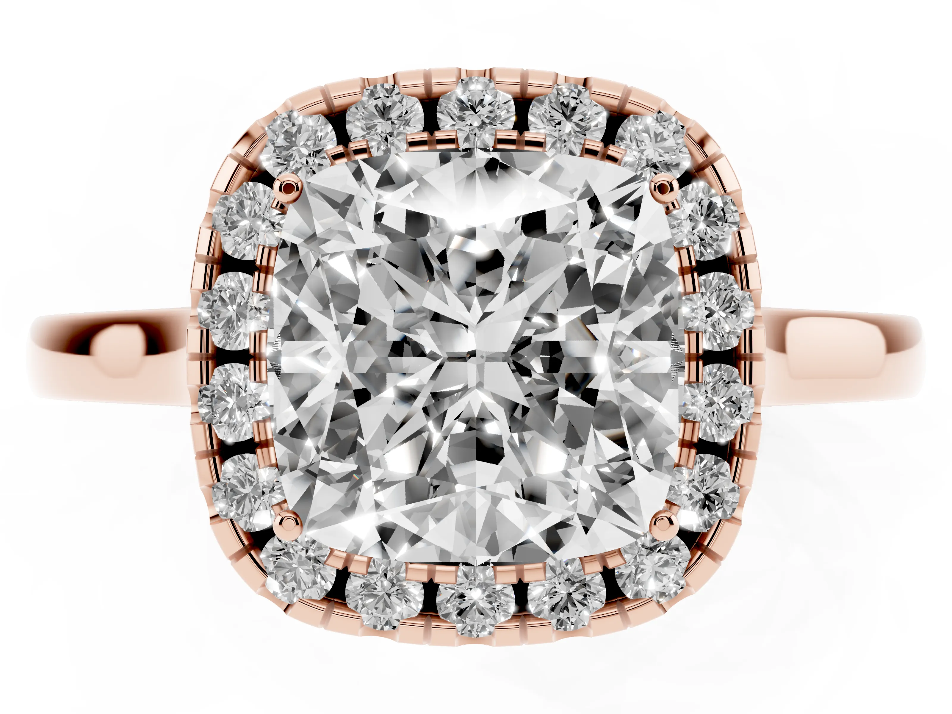 Cushion Cut Halo Round Diamond Solitaire Ring Set in Rose gold with Pavé Band and Prong Setting