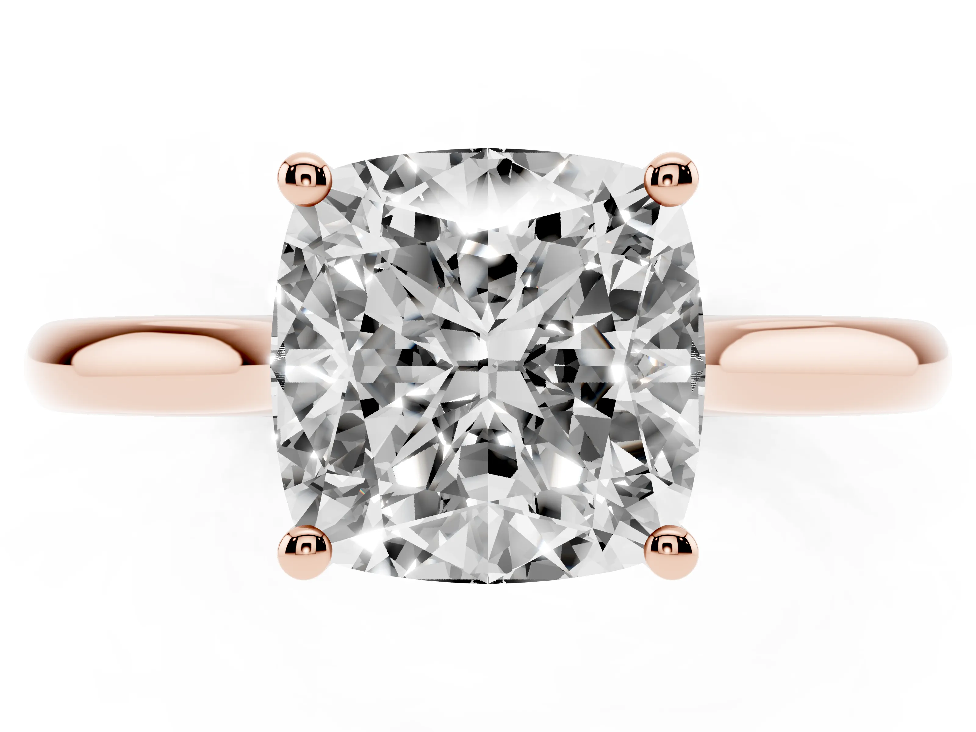 Cushion Cut Diamond Solitaire Ring Set in Rose gold with Cathedral Band and Prong Setting