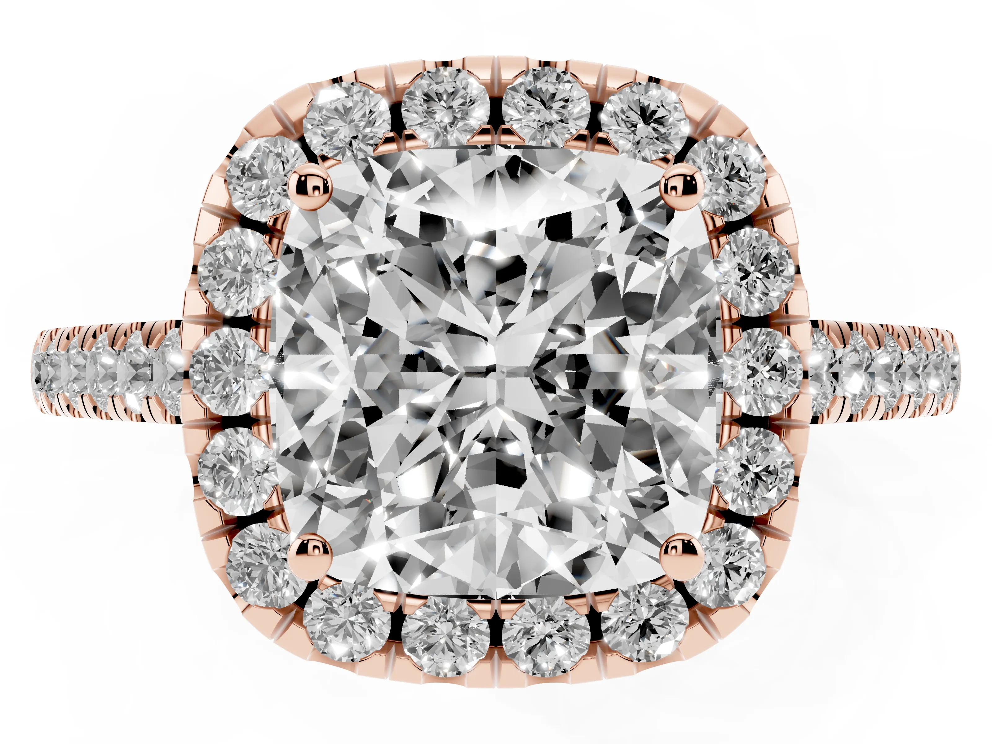 Cushion Cut Diamond Pavé Halo Engagement Ring Set in Rose gold with Pavé Band and Prong Setting