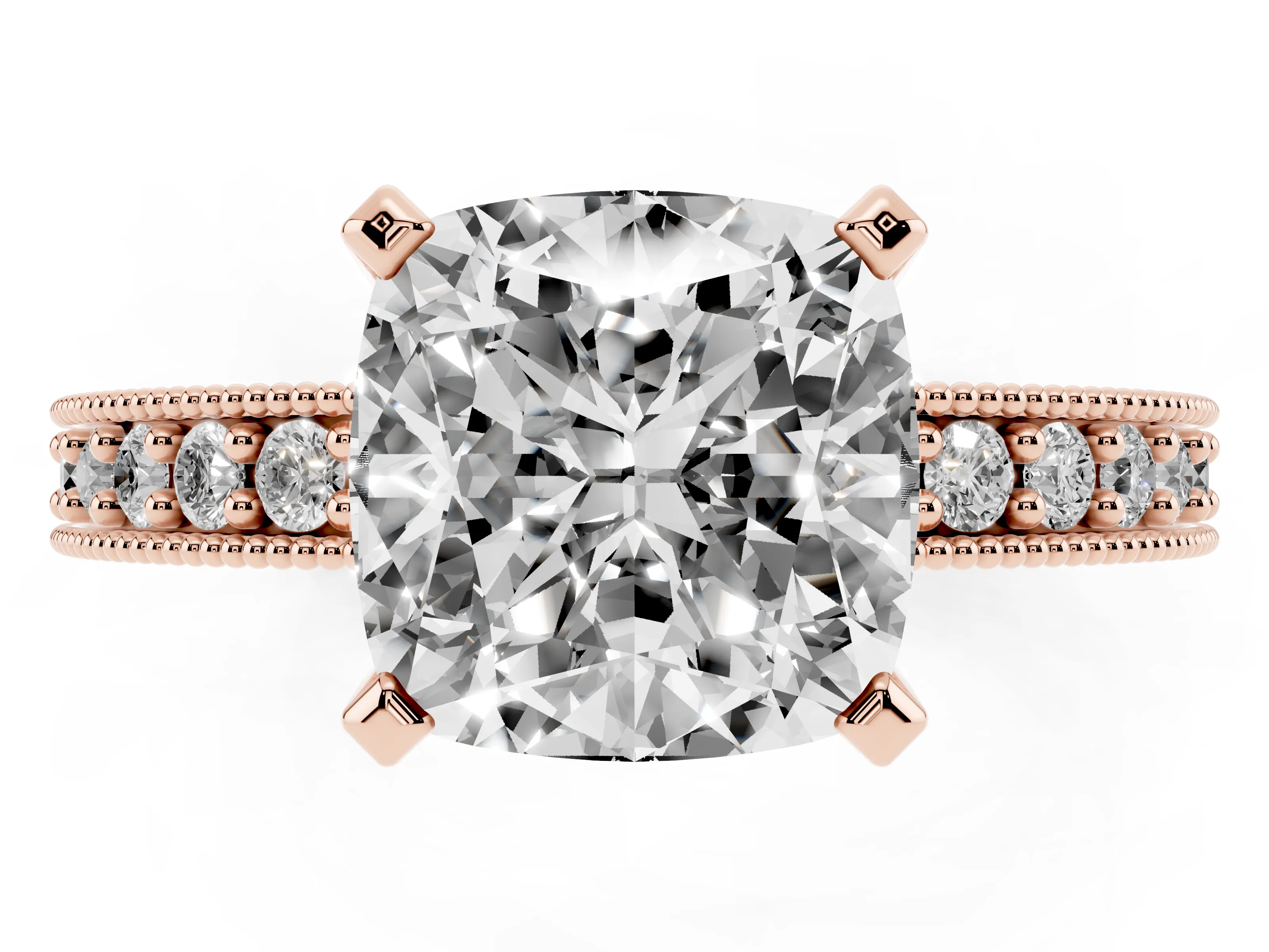 Cushion Cut Diamond Milgrain Pavé Engagement Ring Set in Rose gold with Prong Setting