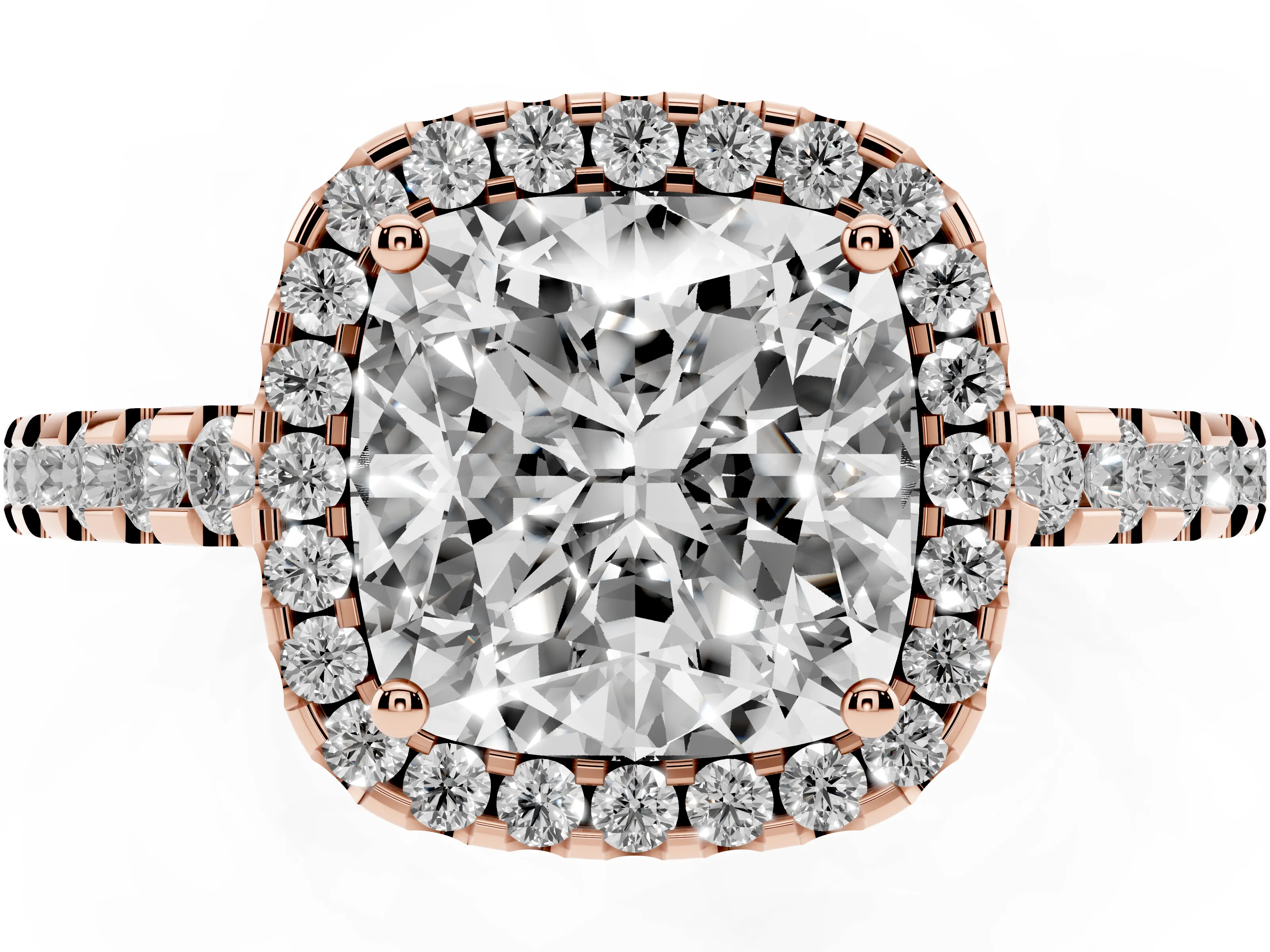 Cushion Cut Diamond Halo Ring Set in Rose gold with Pavé Shoulders and Halo-Framed Center