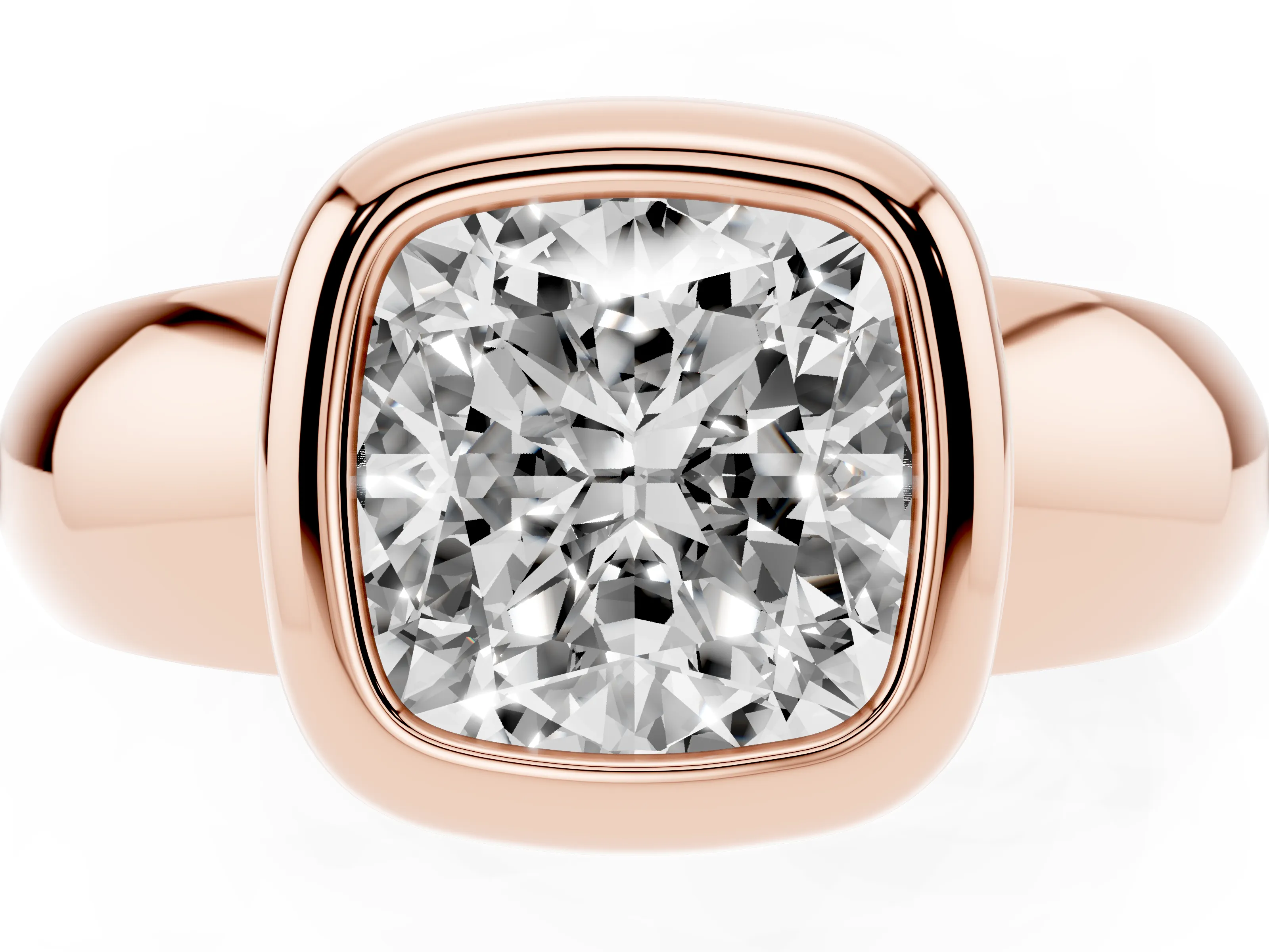 Bezel Set Cushion Cut Diamond Solitaire Ring Set in Rose gold with Wide Band