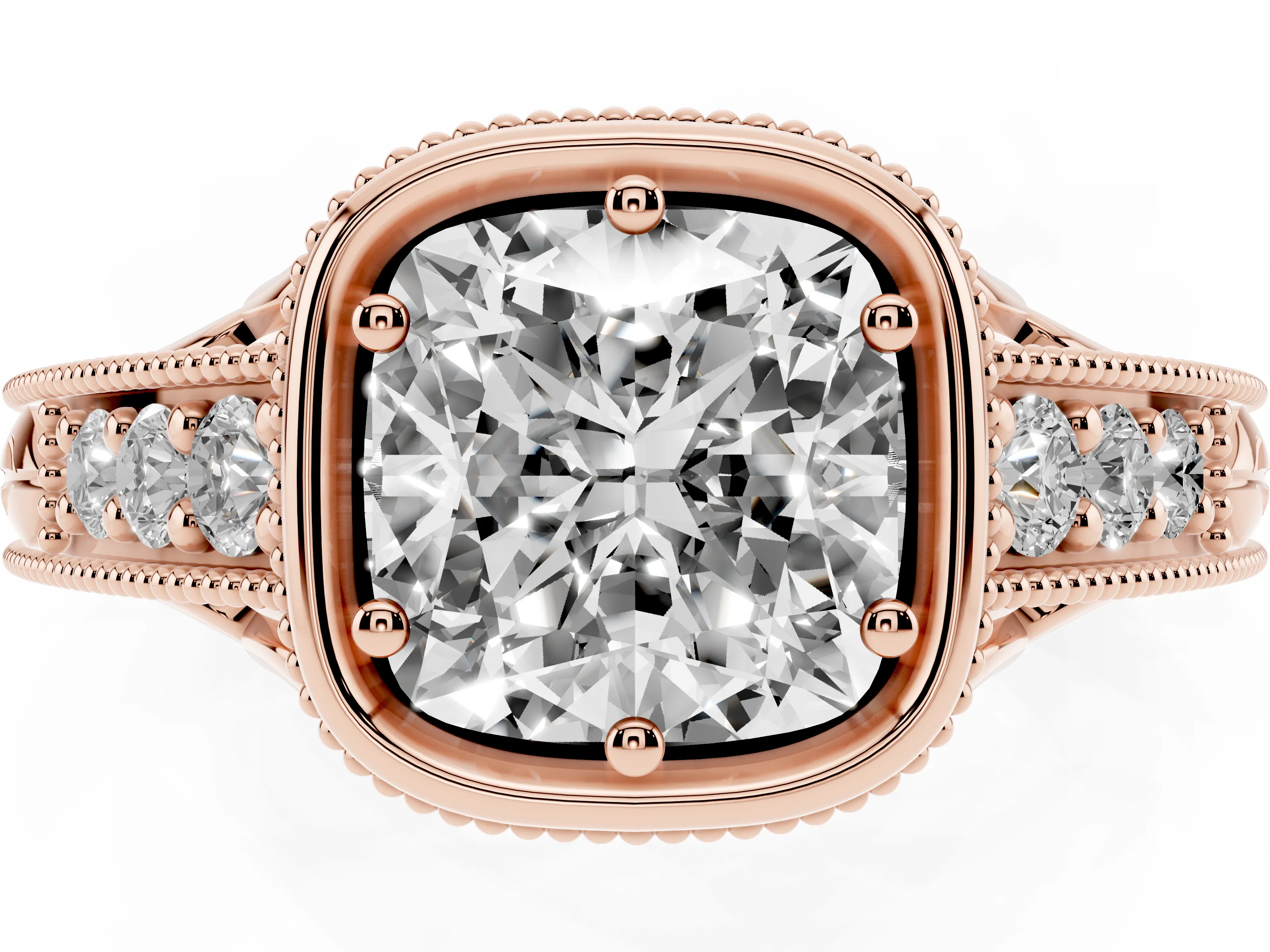 Bezel Set Cushion Cut Diamond Milgrain Pavé Engagement Ring Set in Rose gold