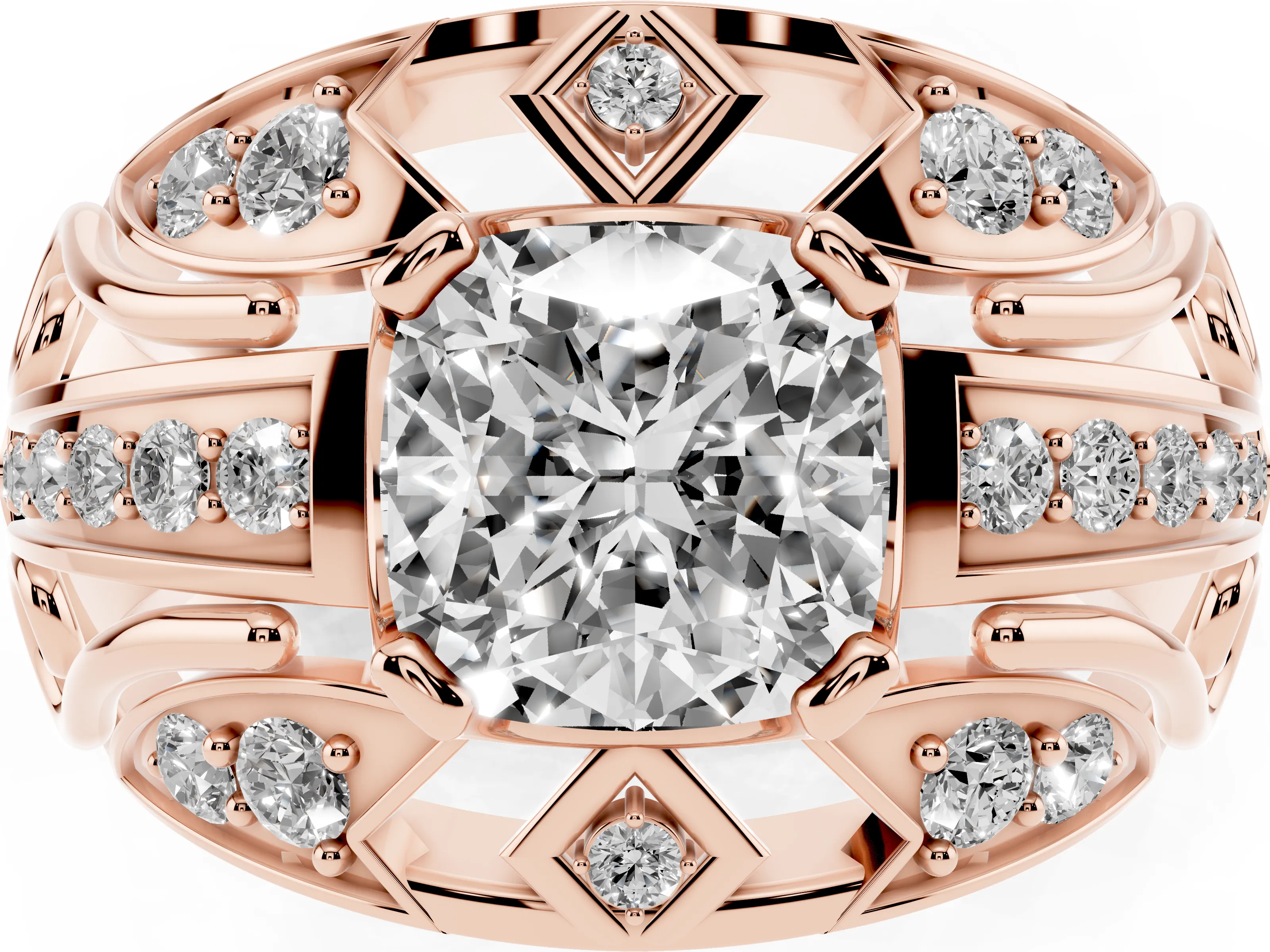 Cushion Cut Diamond Art Deco Ring Set in Rose gold with Pavé Split Shank