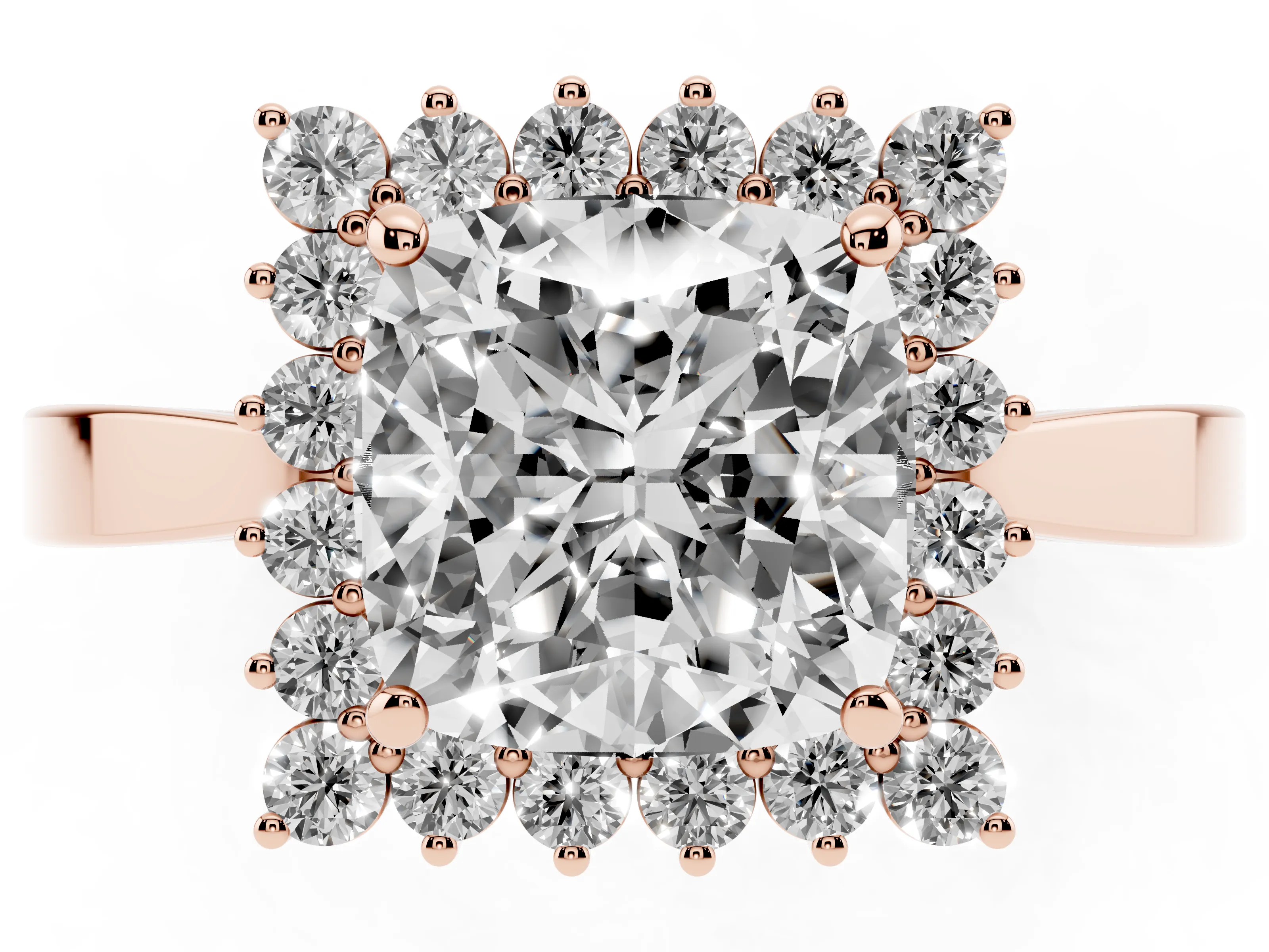 Cushion Cut Diamond Halo Ring Set in Rose gold with Round Halo and Smooth Solitaire Band