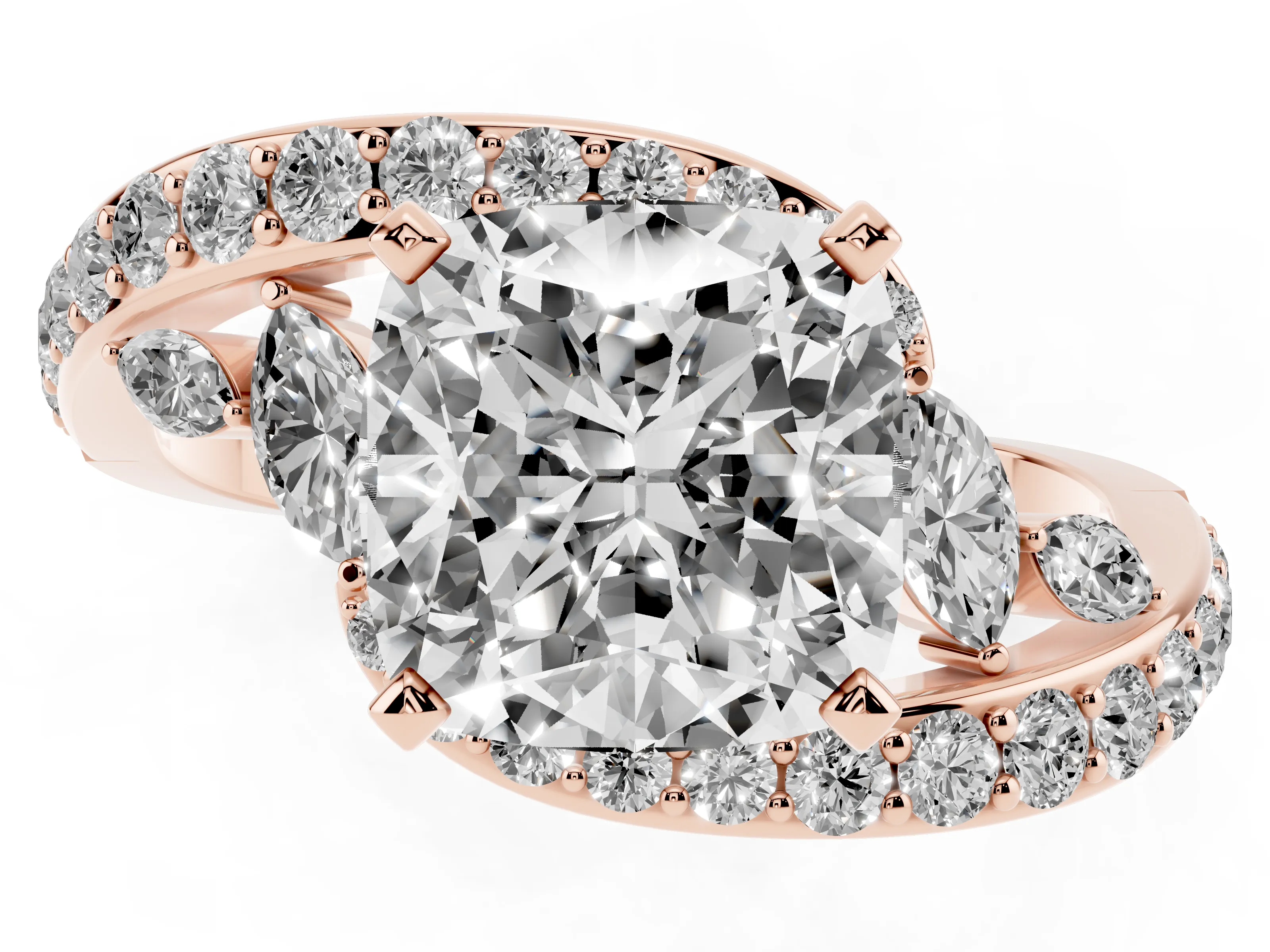 Cushion Cut Diamond Solitaire Ring Set in Rose gold with Pavé Twist Band and Secure Prong Setting