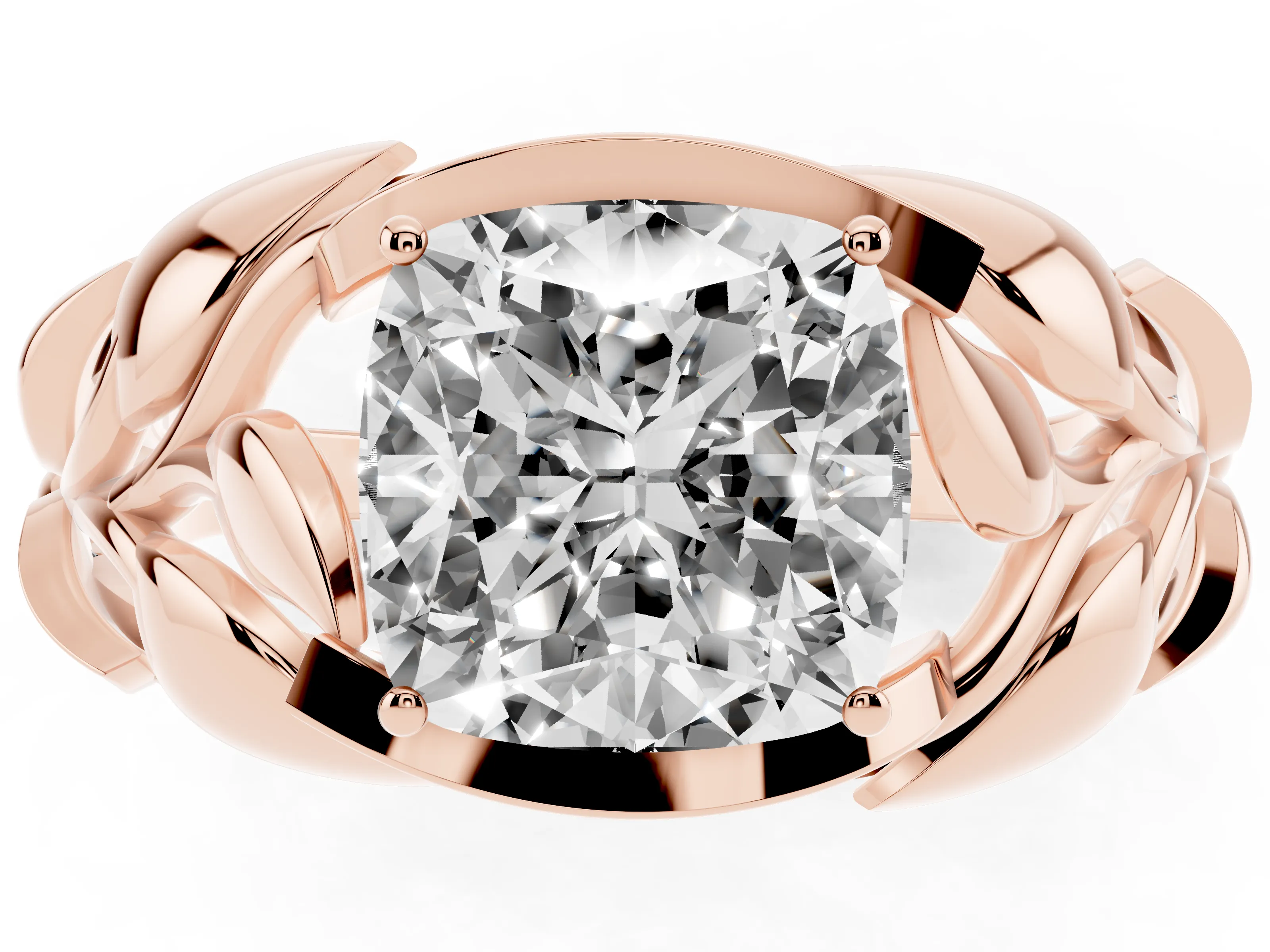Cushion Cut Diamond Leaf-Inspired Engagement Ring Set in Rose gold with Round Accents