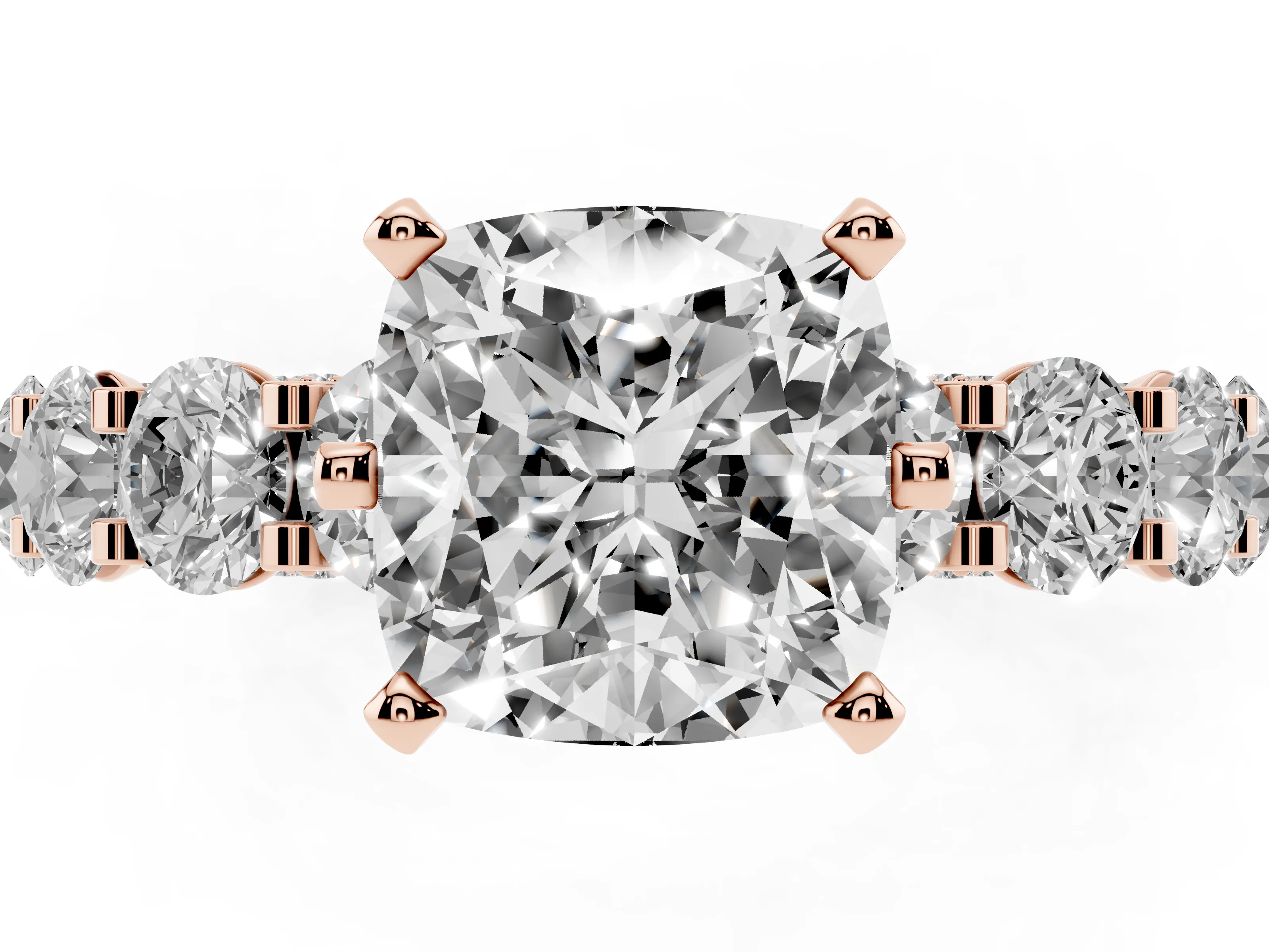 Cushion Cut Diamond Side Stone Ring Set in Rose gold with Alternating Round and Oval Side Stones