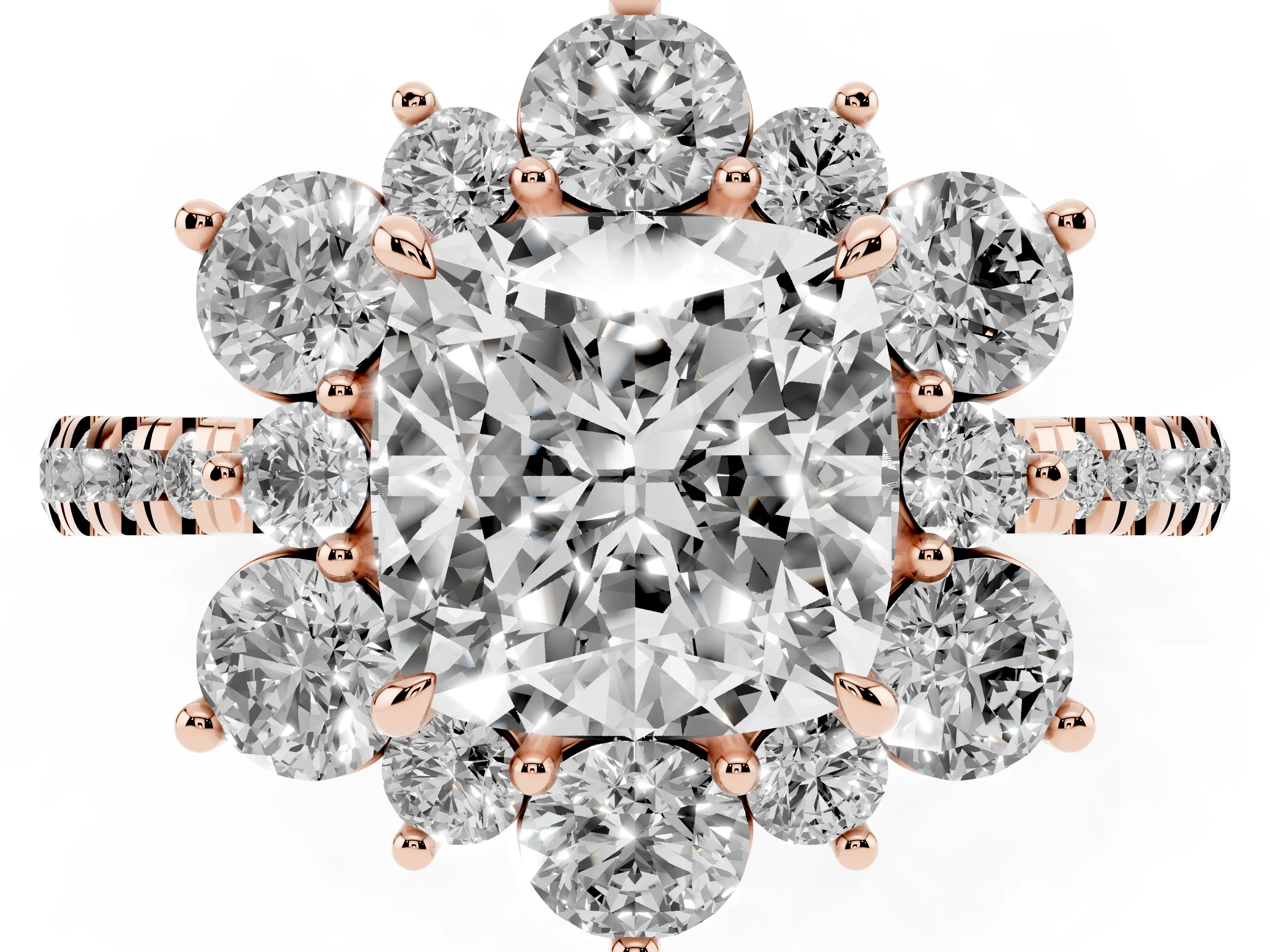 Cushion Cut Diamond Floral Halo Ring Set in Rose gold with Round Pavé Band and Prong Setting