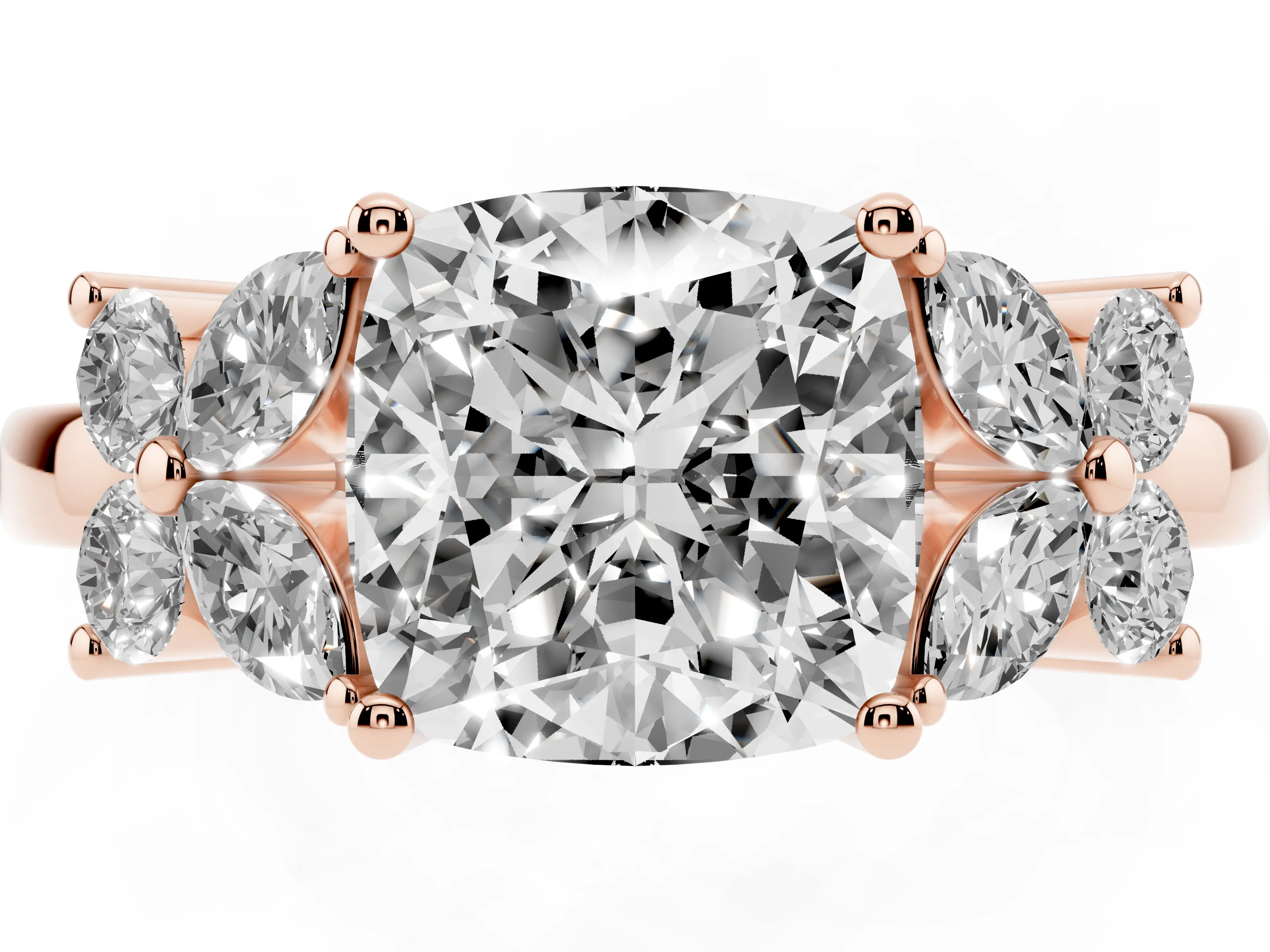 Cushion Cut Diamond Floral Cluster Ring Set in Rose gold with Marquise Petals and Prong Setting