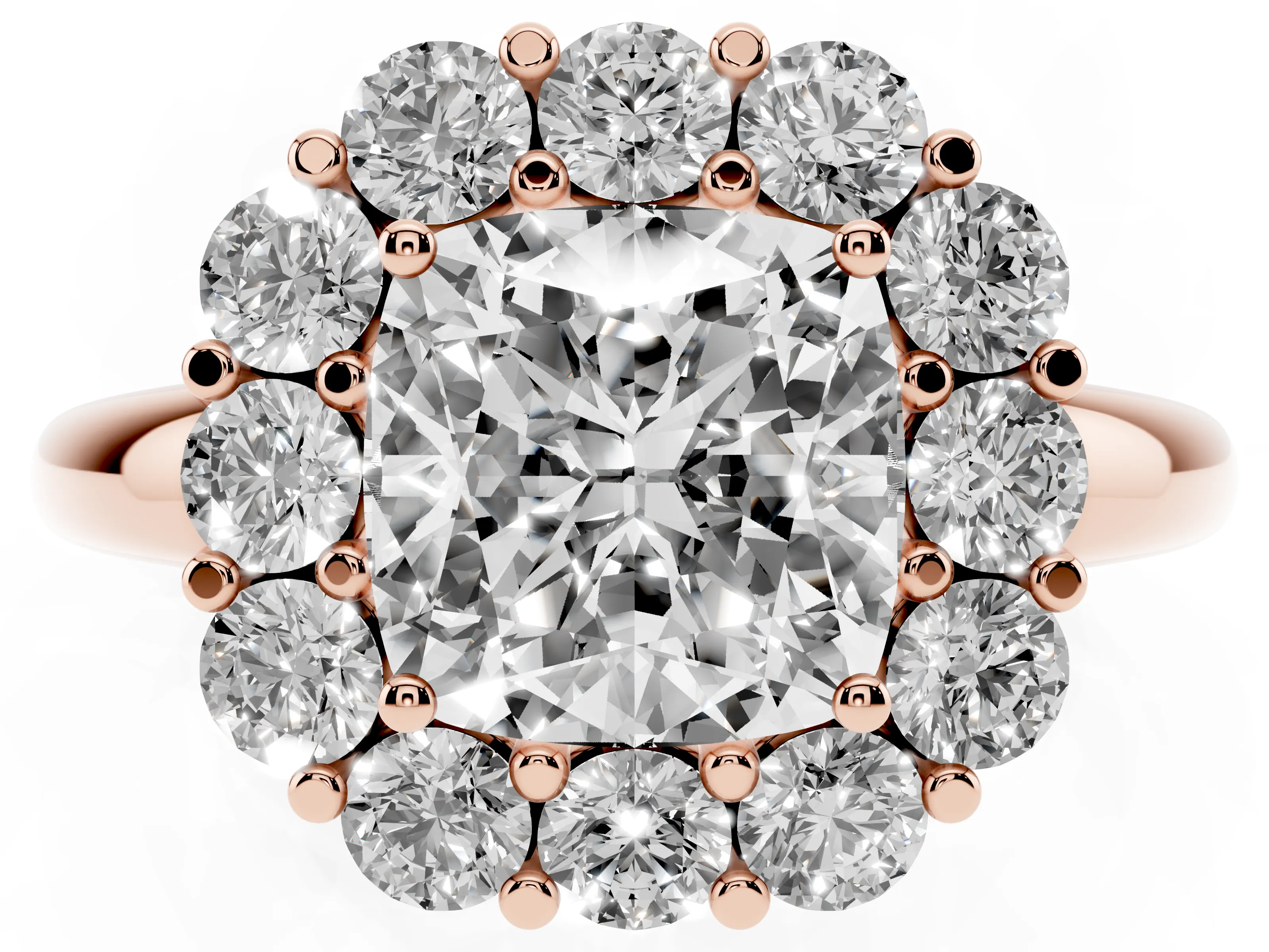 Cushion Cut Diamond Halo Cluster Engagement Ring Set in Rose gold with Polished Band and Prong Setting
