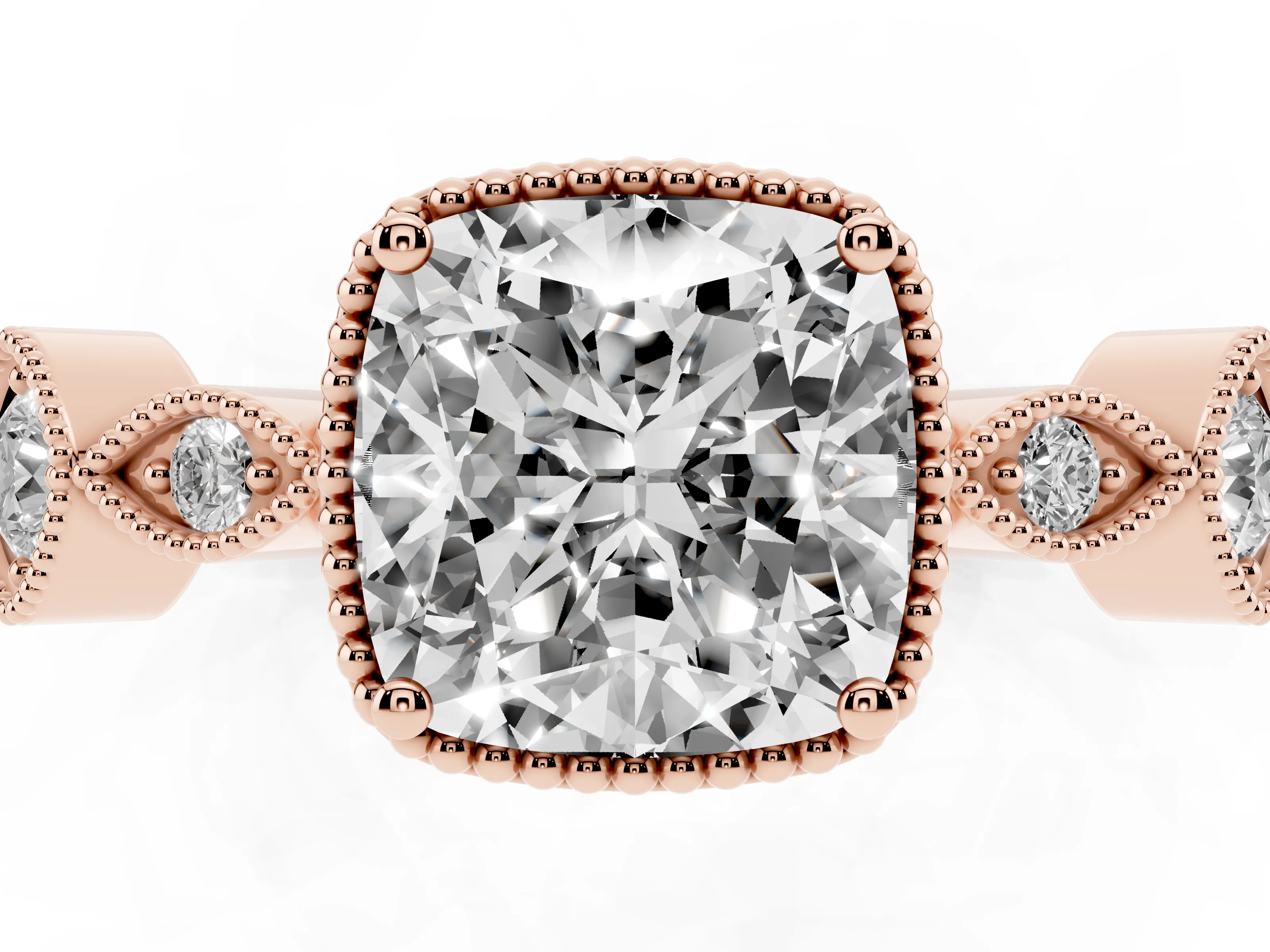 Cushion Cut Diamond Vintage-Inspired Milgrain Ring Set in Rose gold with Marquise Stations of Round Accents